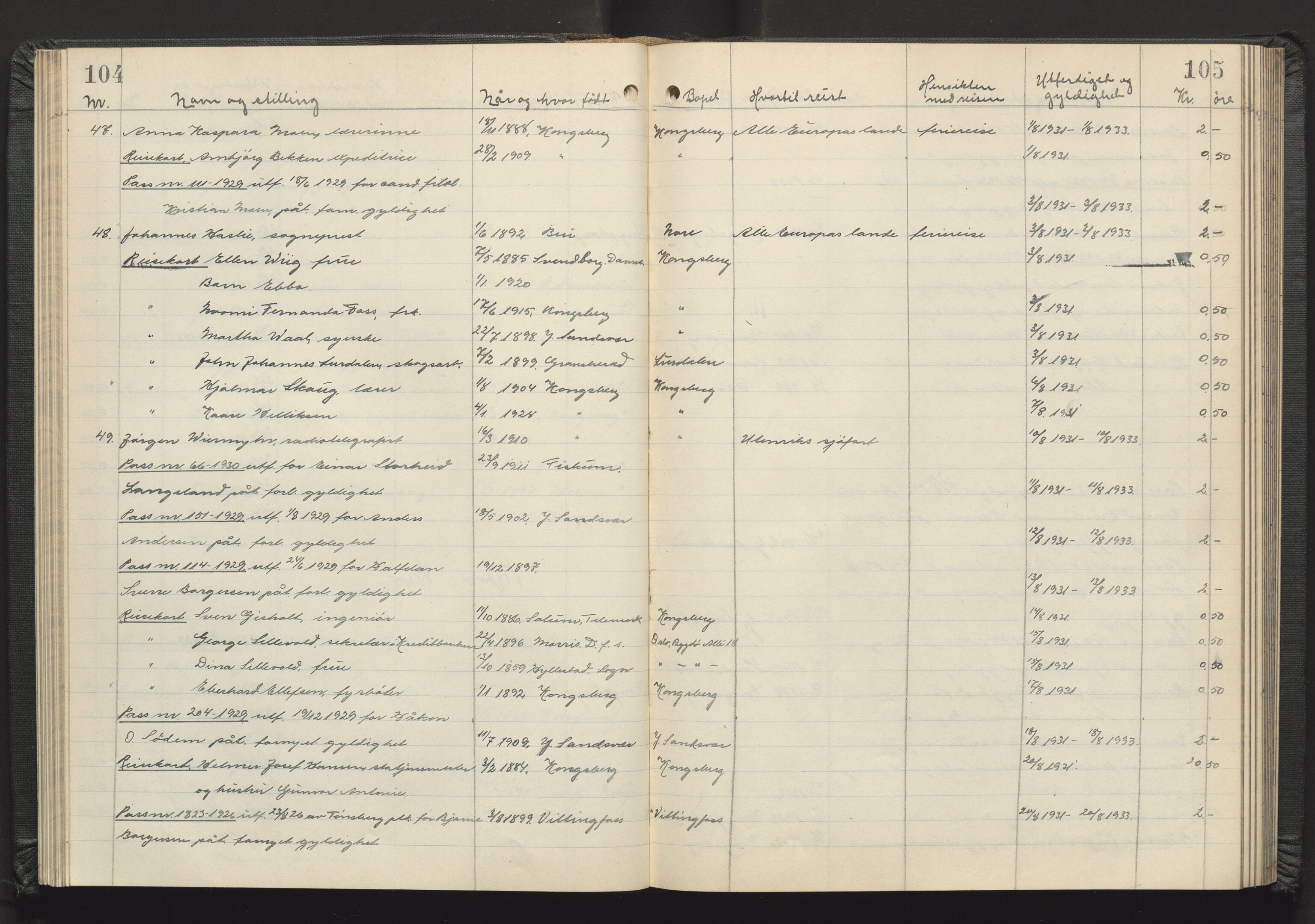 Kongsberg politikammer, AV/SAKO-A-624/I/Ib/Iba/L0004: Passprotokoll, 1927-1946, s. 104-105