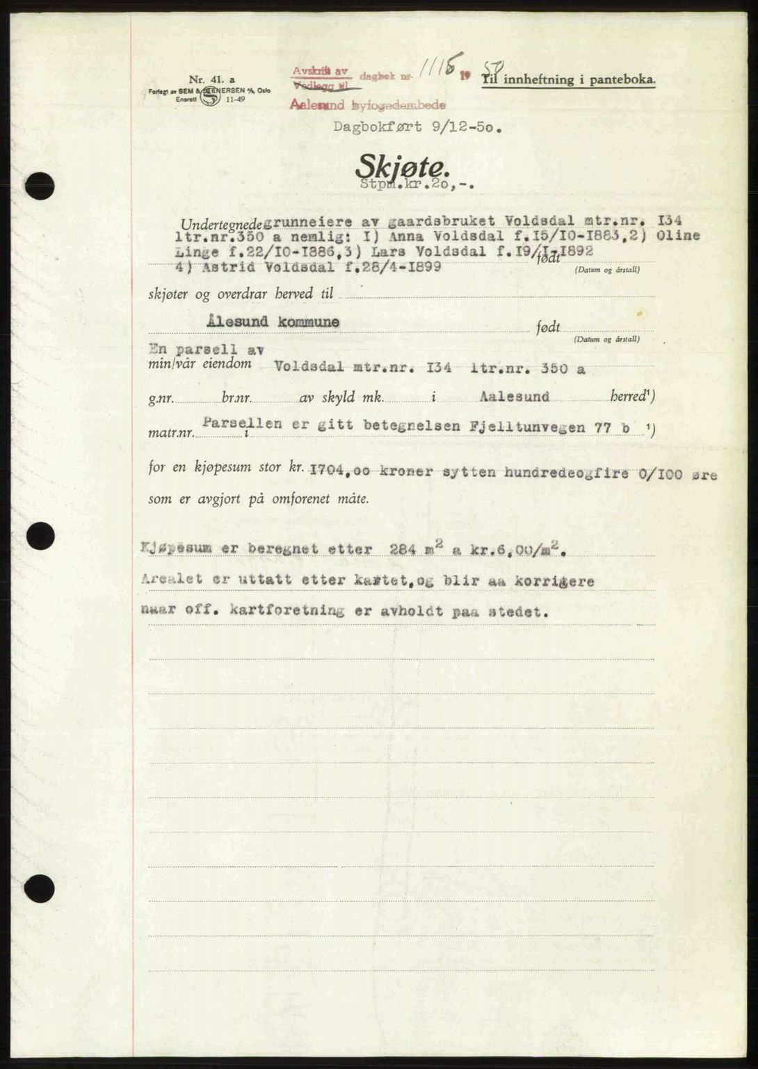 Ålesund byfogd, AV/SAT-A-4384: Pantebok nr. 37A (2), 1949-1950, Dagboknr: 1115/1950