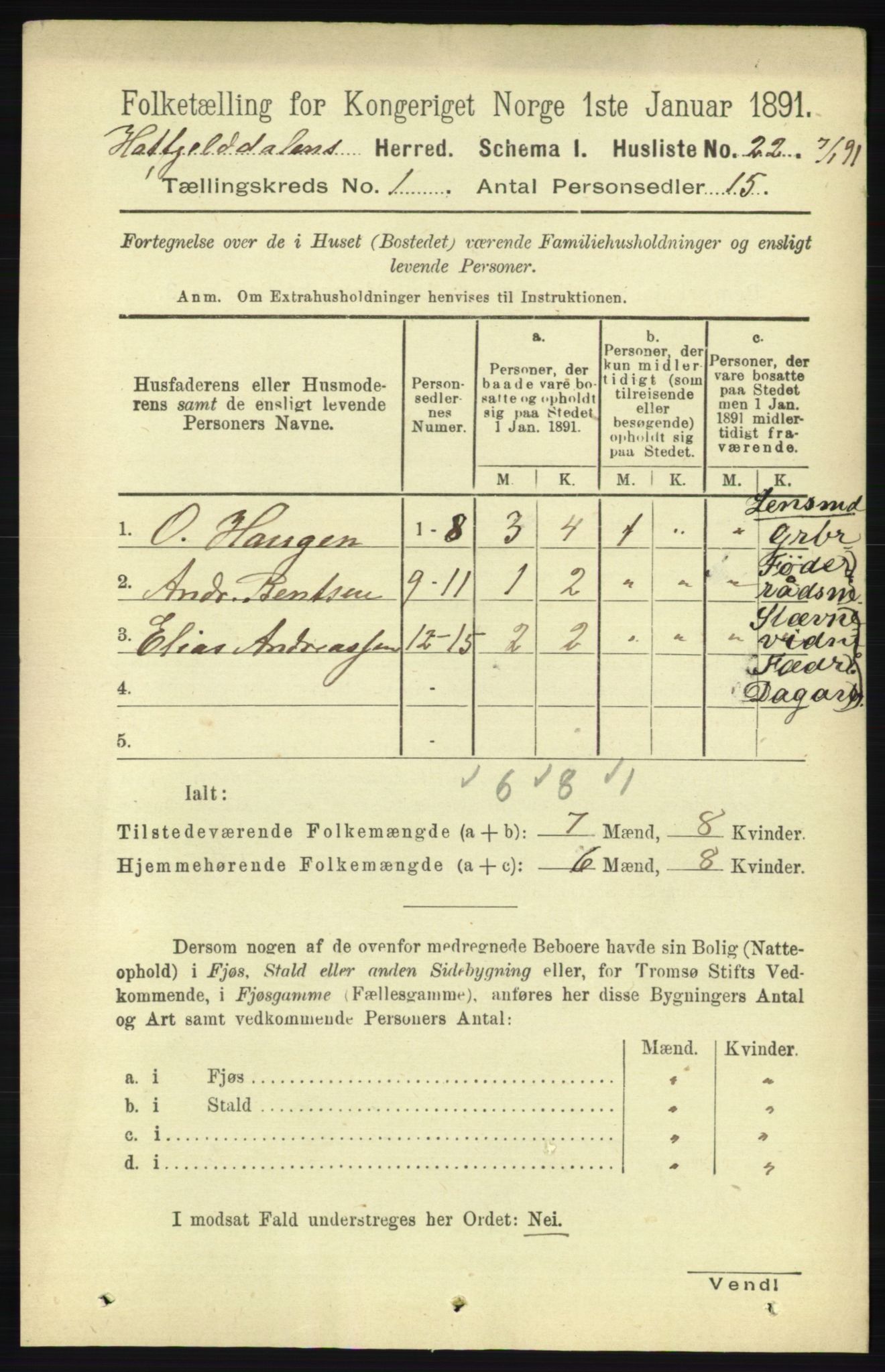 RA, Folketelling 1891 for 1826 Hattfjelldal herred, 1891, s. 17