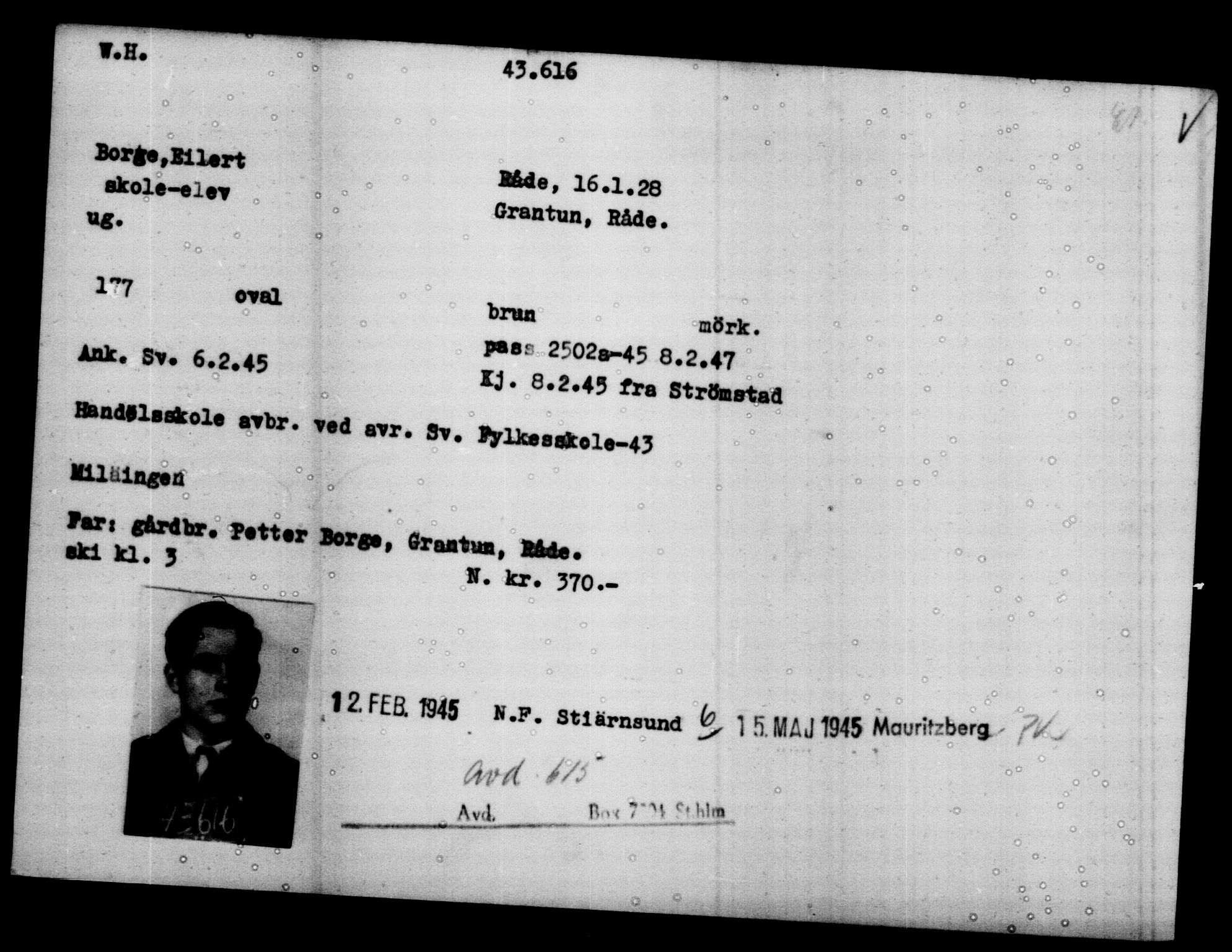 Utenriksstasjonene, Legasjonen i Stockholm, Flyktningkontoret, AV/RA-S-6753/V/Va/L0017: Kjesäterkartoteket, flyktninger med registreringsnr. 43400-46318, 1940-1945, s. 223