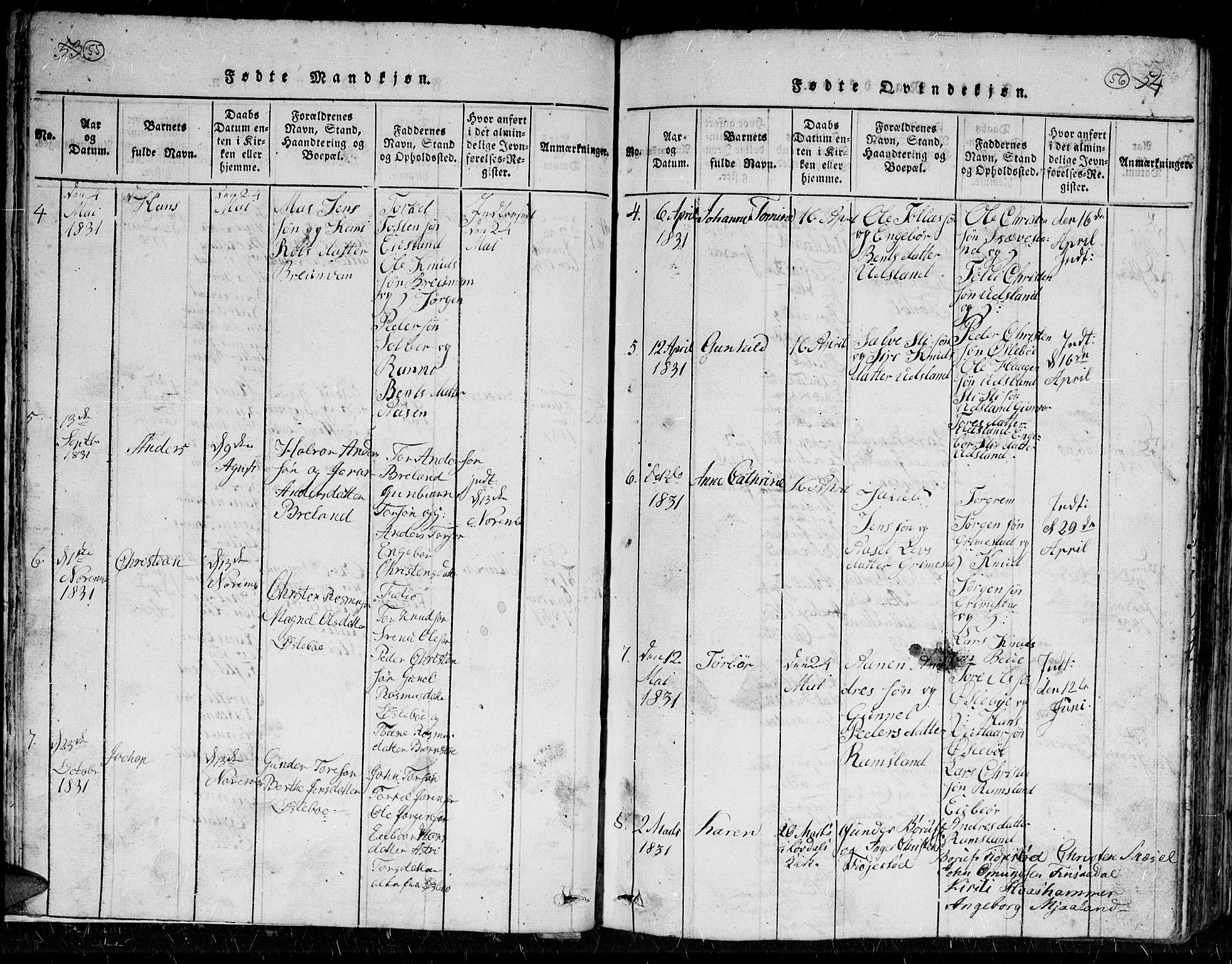 Holum sokneprestkontor, AV/SAK-1111-0022/F/Fb/Fbc/L0001: Klokkerbok nr. B 1, 1820-1859, s. 55-56