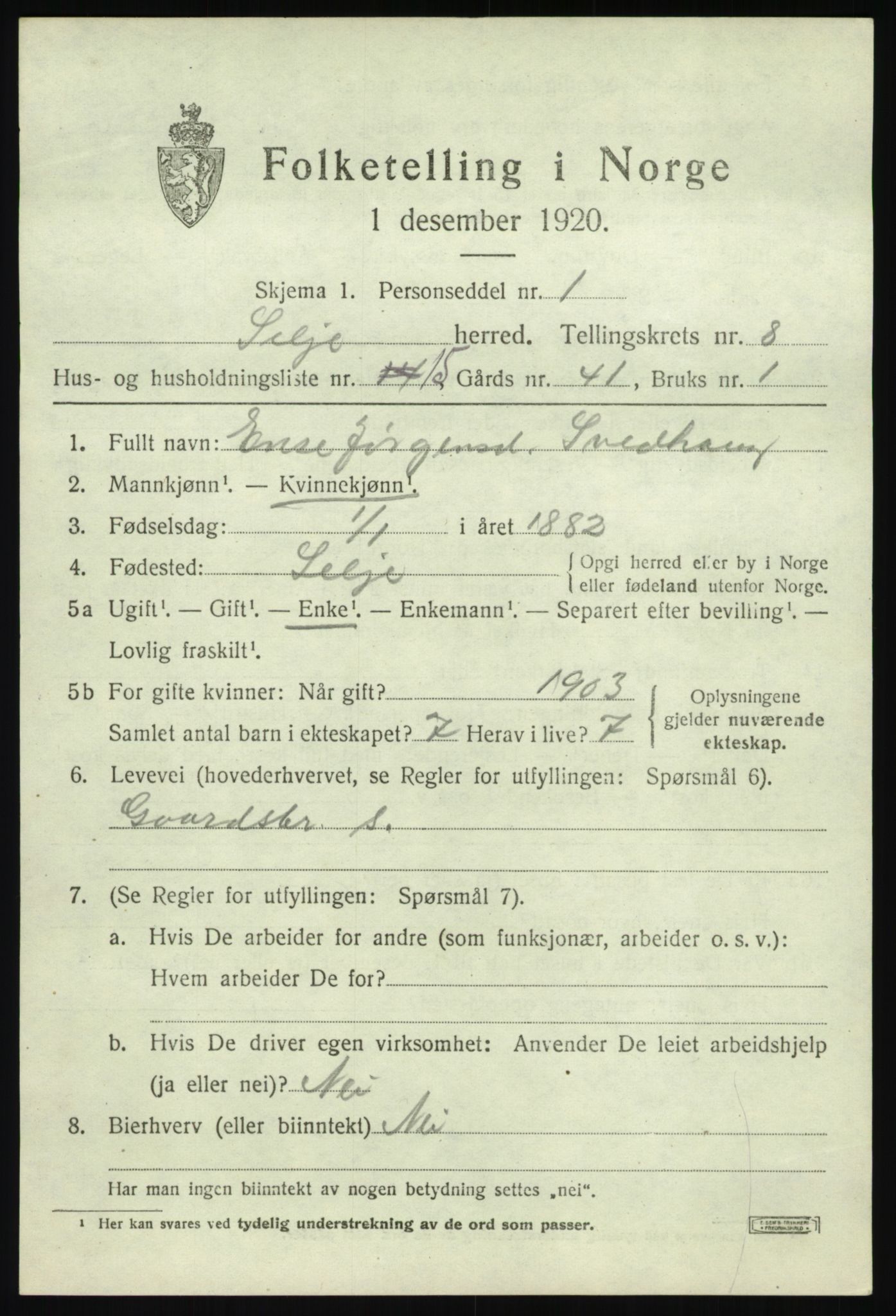 SAB, Folketelling 1920 for 1441 Selje herred, 1920, s. 4133