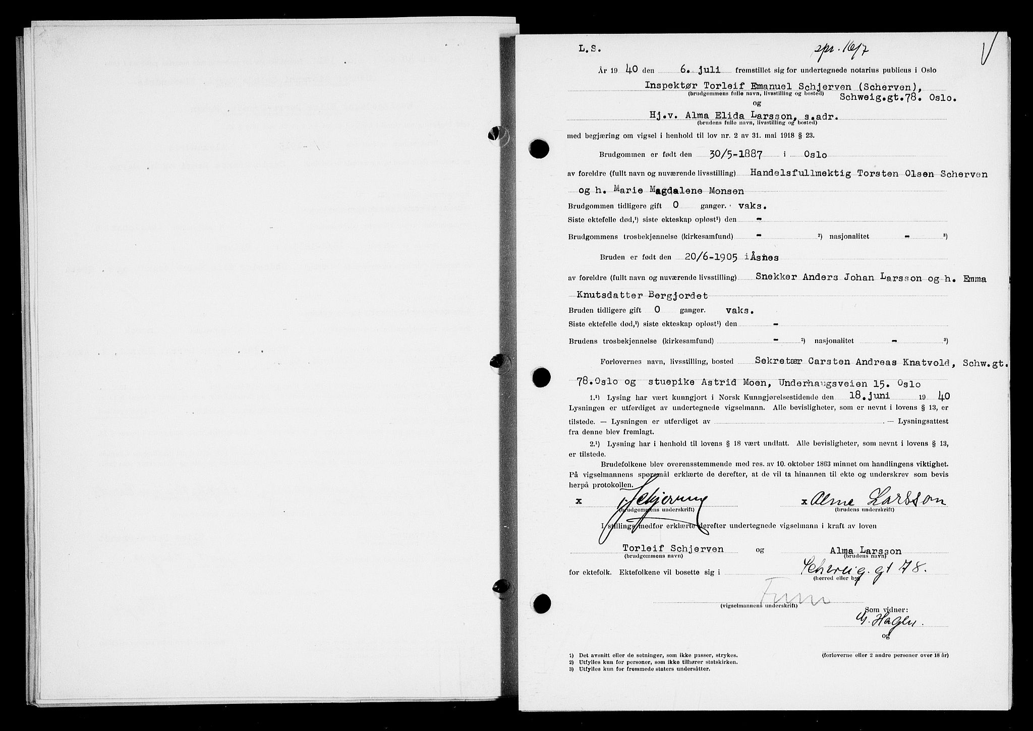 Oslo byfogd avd. I, AV/SAO-A-10220/L/Lb/Lbb/L0035: Notarialprotokoll, rekke II: Vigsler, 1940