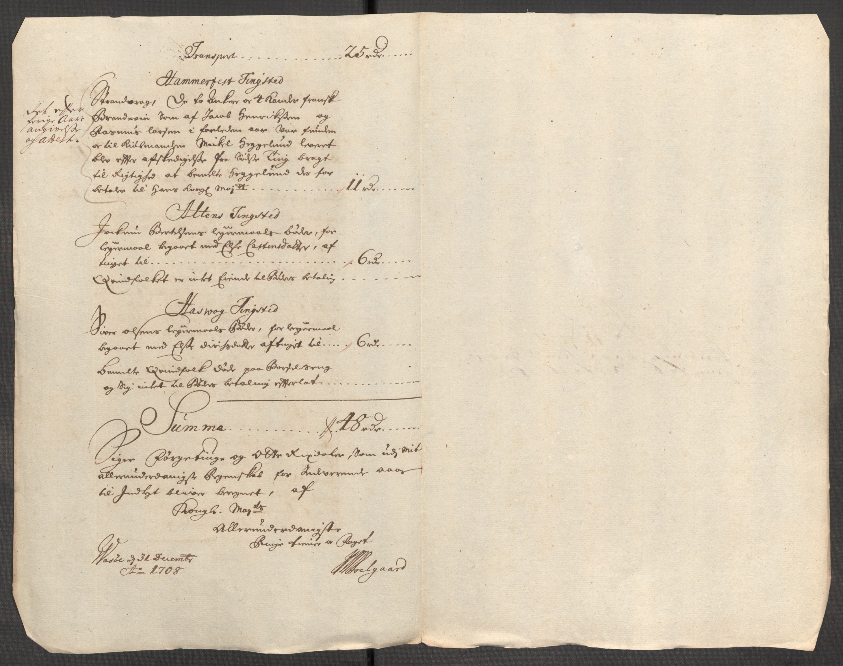 Rentekammeret inntil 1814, Reviderte regnskaper, Fogderegnskap, AV/RA-EA-4092/R69/L4854: Fogderegnskap Finnmark/Vardøhus, 1707-1708, s. 225