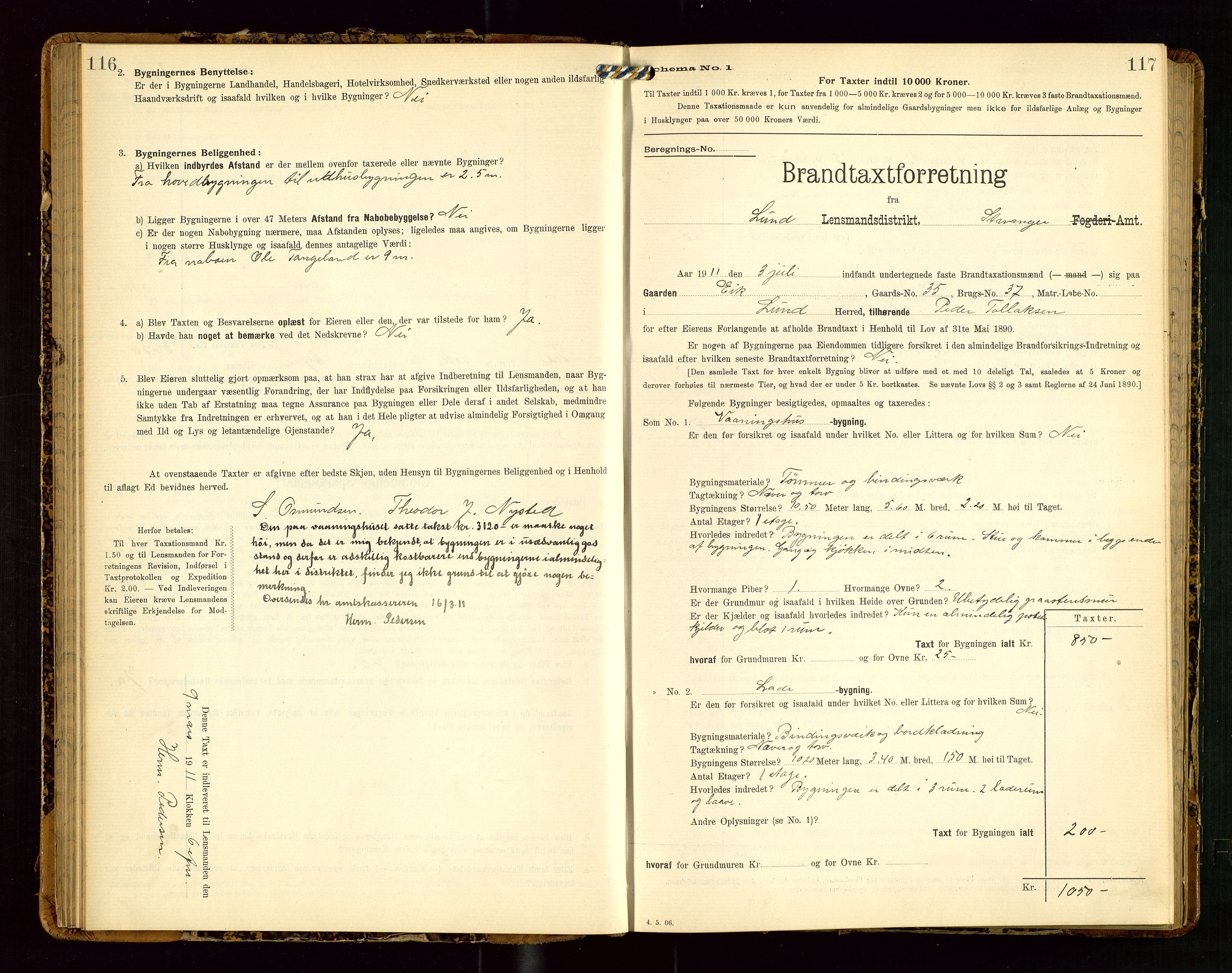 Lund lensmannskontor, SAST/A-100303/Gob/L0002: "Brandtakstprotokol", 1908-1918, s. 116-117