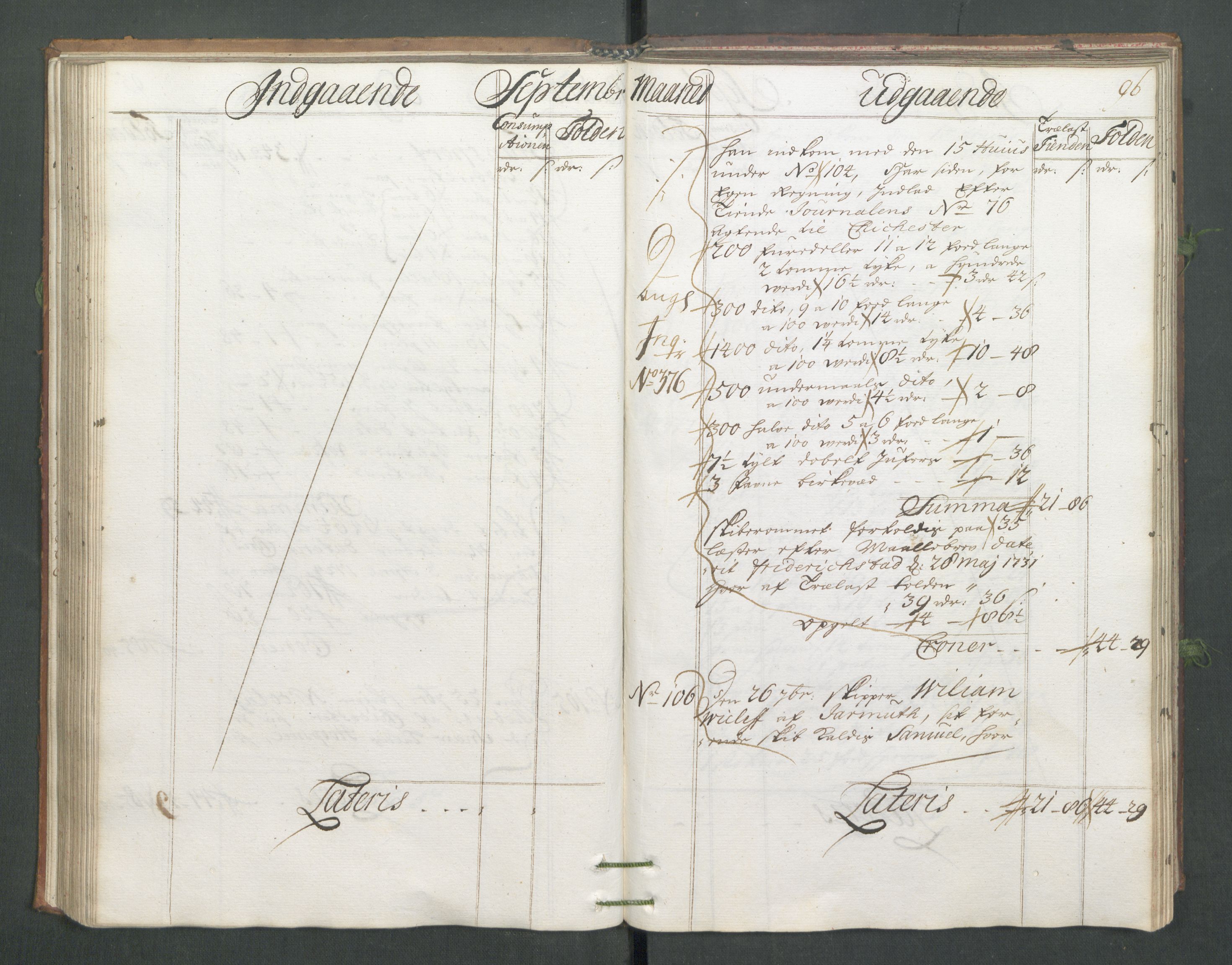 Generaltollkammeret, tollregnskaper, AV/RA-EA-5490/R02/L0006/0001: Tollregnskaper Fredrikstad / Hovedtollbok, 1731, s. 96