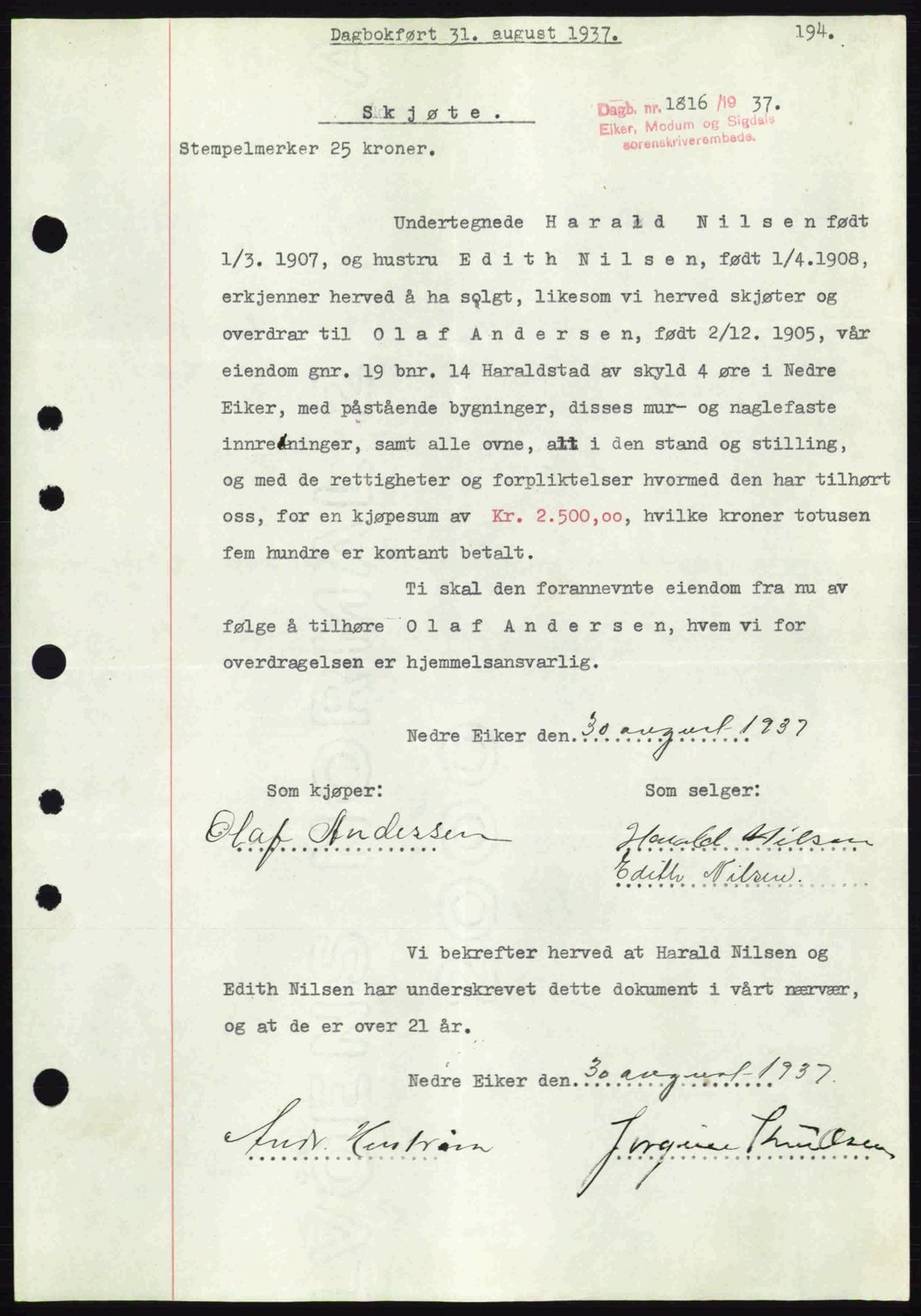 Eiker, Modum og Sigdal sorenskriveri, SAKO/A-123/G/Ga/Gab/L0036: Pantebok nr. A6, 1937-1937, Dagboknr: 1816/1937