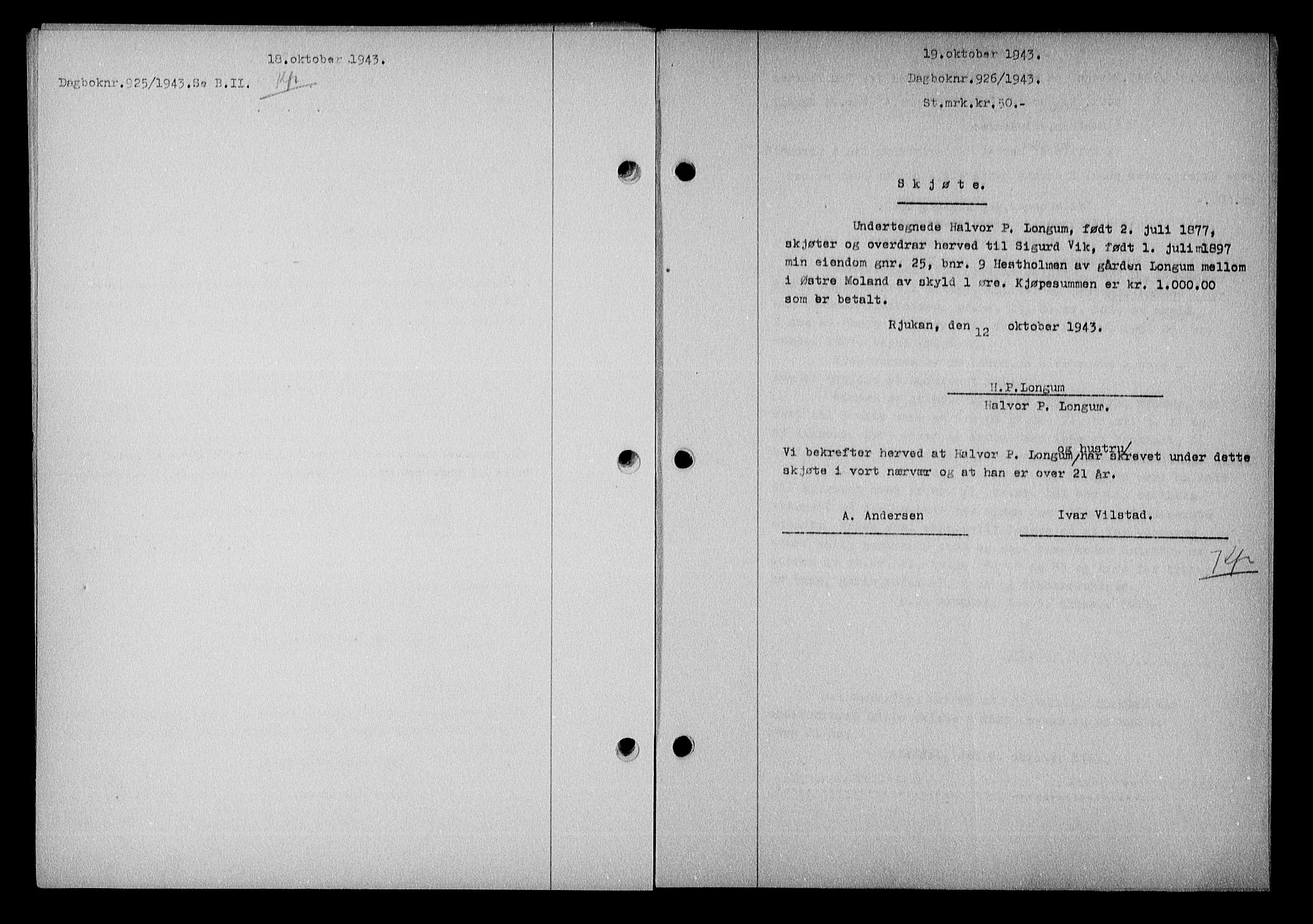 Nedenes sorenskriveri, SAK/1221-0006/G/Gb/Gba/L0051: Pantebok nr. A-V, 1943-1944, Dagboknr: 926/1943