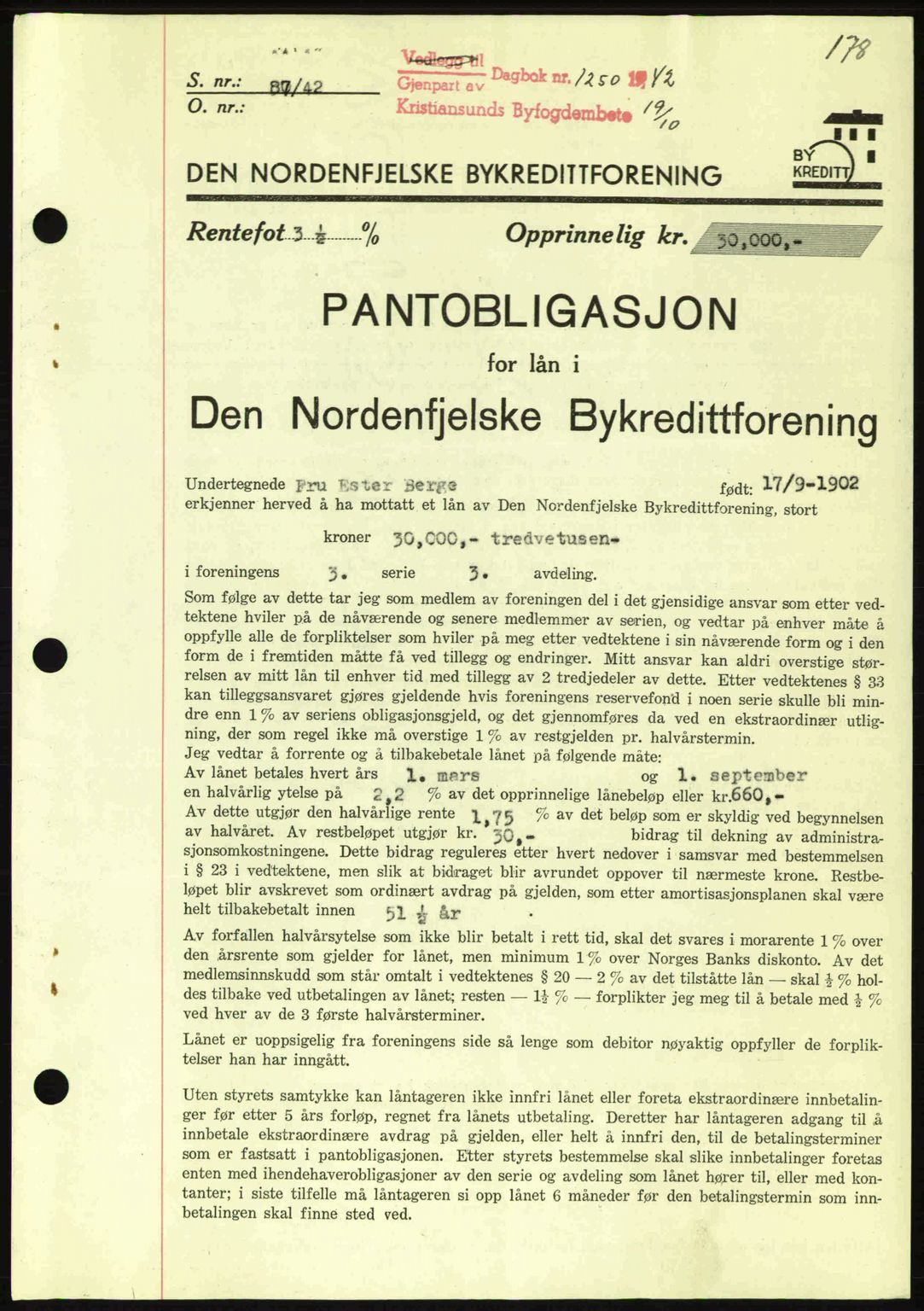 Kristiansund byfogd, SAT/A-4587/A/27: Pantebok nr. 36, 1942-1943, Dagboknr: 1250/1942