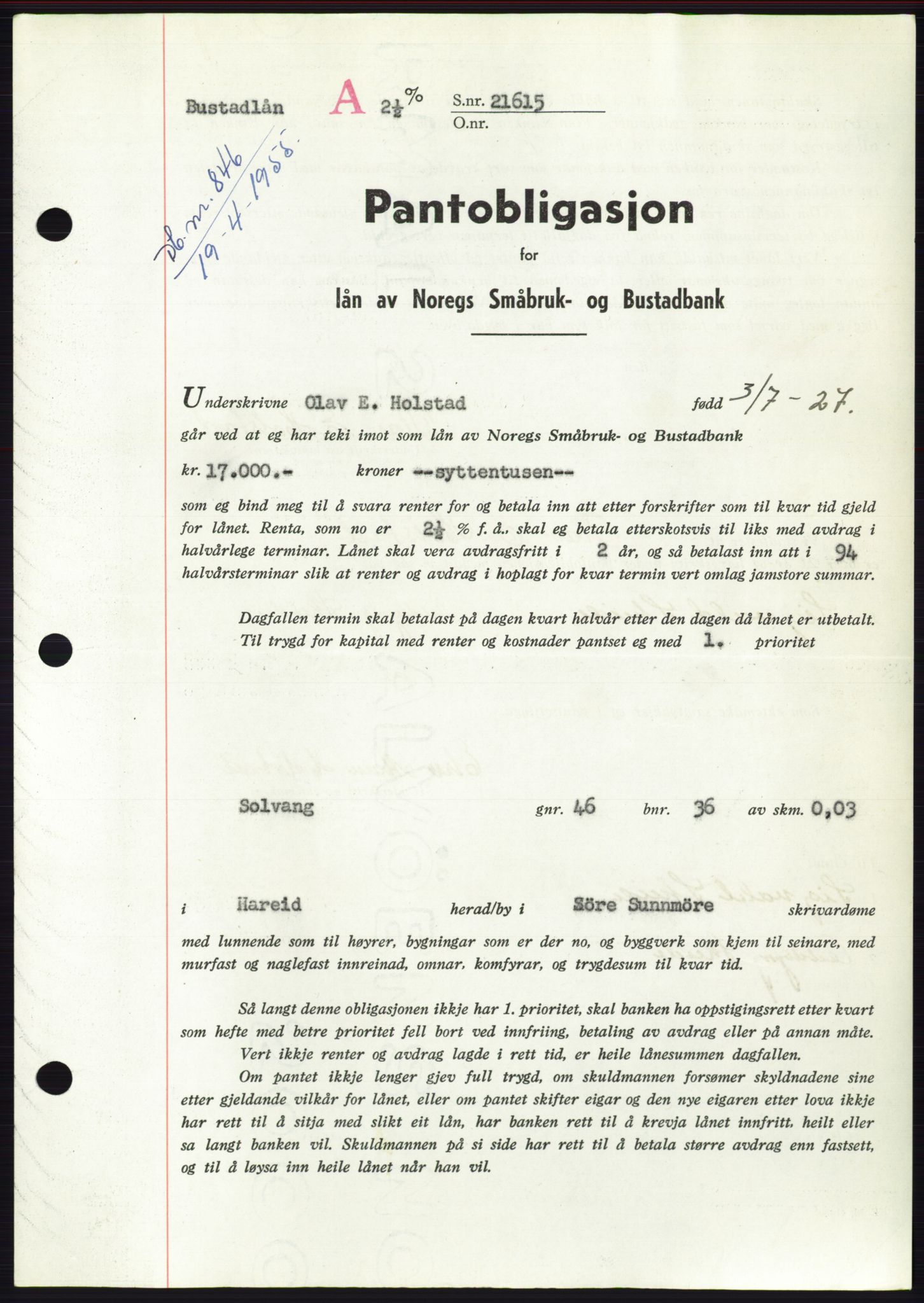 Søre Sunnmøre sorenskriveri, AV/SAT-A-4122/1/2/2C/L0126: Pantebok nr. 14B, 1954-1955, Dagboknr: 846/1955