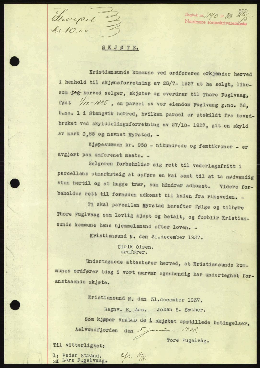Nordmøre sorenskriveri, SAT/A-4132/1/2/2Ca: Pantebok nr. A83, 1938-1938, Dagboknr: 1190/1938