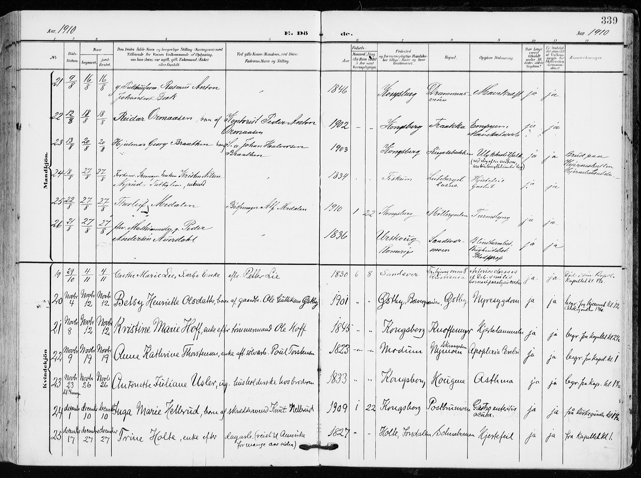 Kongsberg kirkebøker, AV/SAKO-A-22/F/Fb/L0004: Ministerialbok nr. II 4, 1906-1918, s. 339