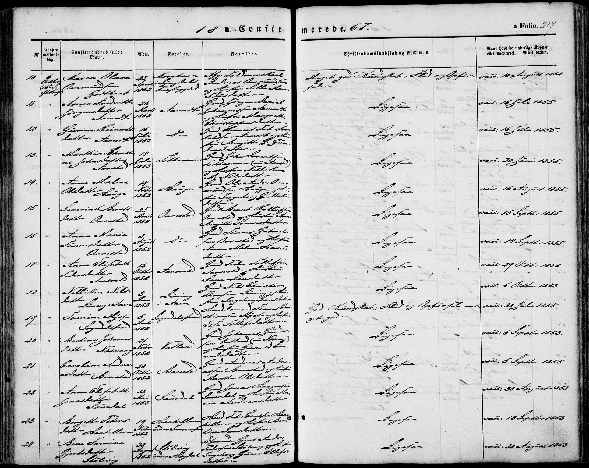 Sokndal sokneprestkontor, AV/SAST-A-101808: Ministerialbok nr. A 9, 1857-1874, s. 217