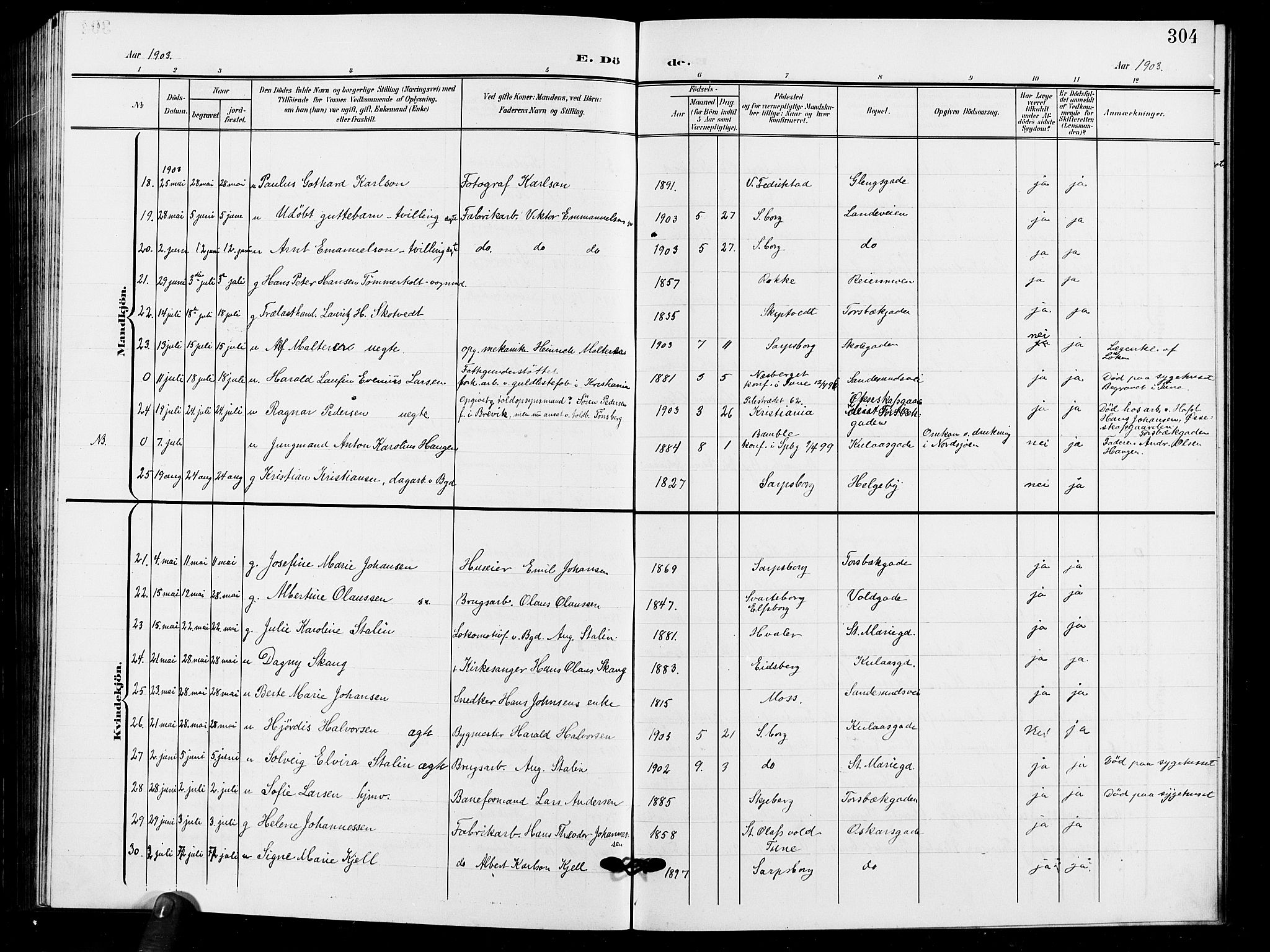 Sarpsborg prestekontor Kirkebøker, AV/SAO-A-2006/G/Ga/L0001: Klokkerbok nr. 1, 1902-1911, s. 304