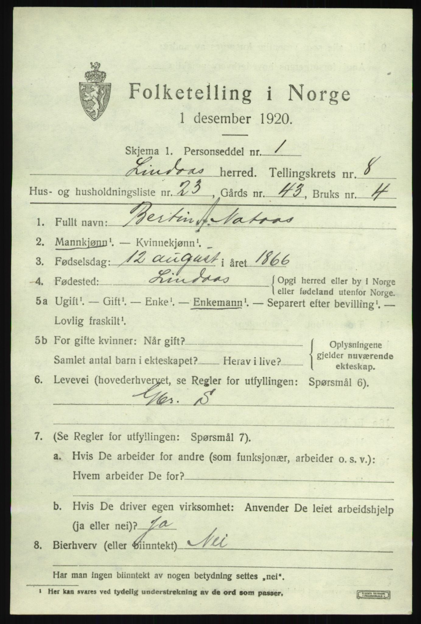 SAB, Folketelling 1920 for 1263 Lindås herred, 1920, s. 4541