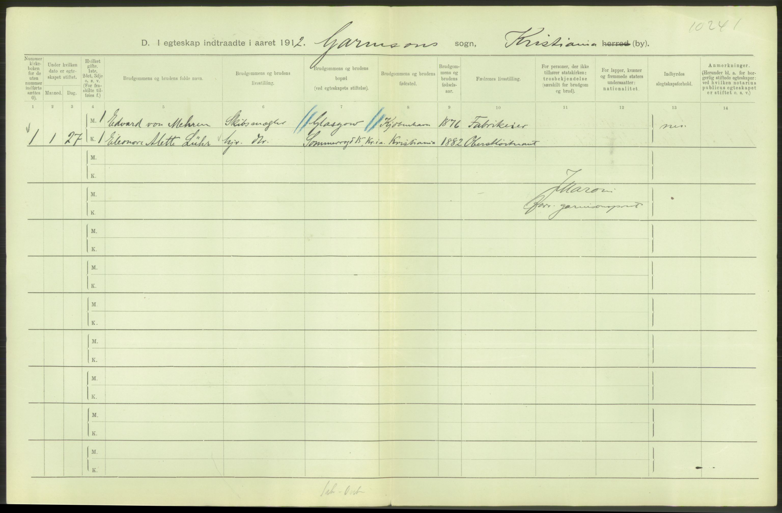 Statistisk sentralbyrå, Sosiodemografiske emner, Befolkning, AV/RA-S-2228/D/Df/Dfb/Dfbb/L0008: Kristiania: Gifte, 1912, s. 34