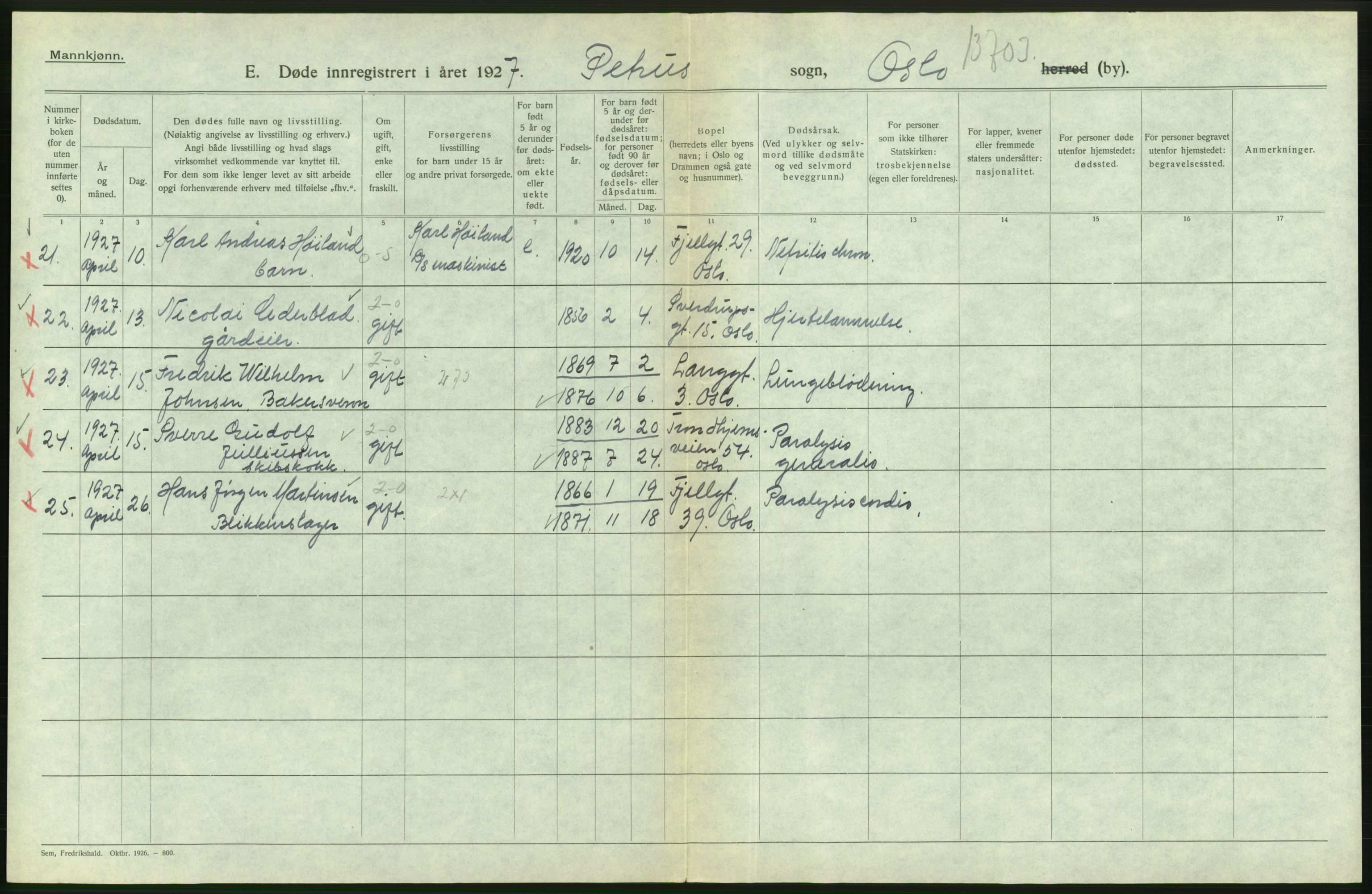 Statistisk sentralbyrå, Sosiodemografiske emner, Befolkning, AV/RA-S-2228/D/Df/Dfc/Dfcg/L0009: Oslo: Døde menn, 1927, s. 328