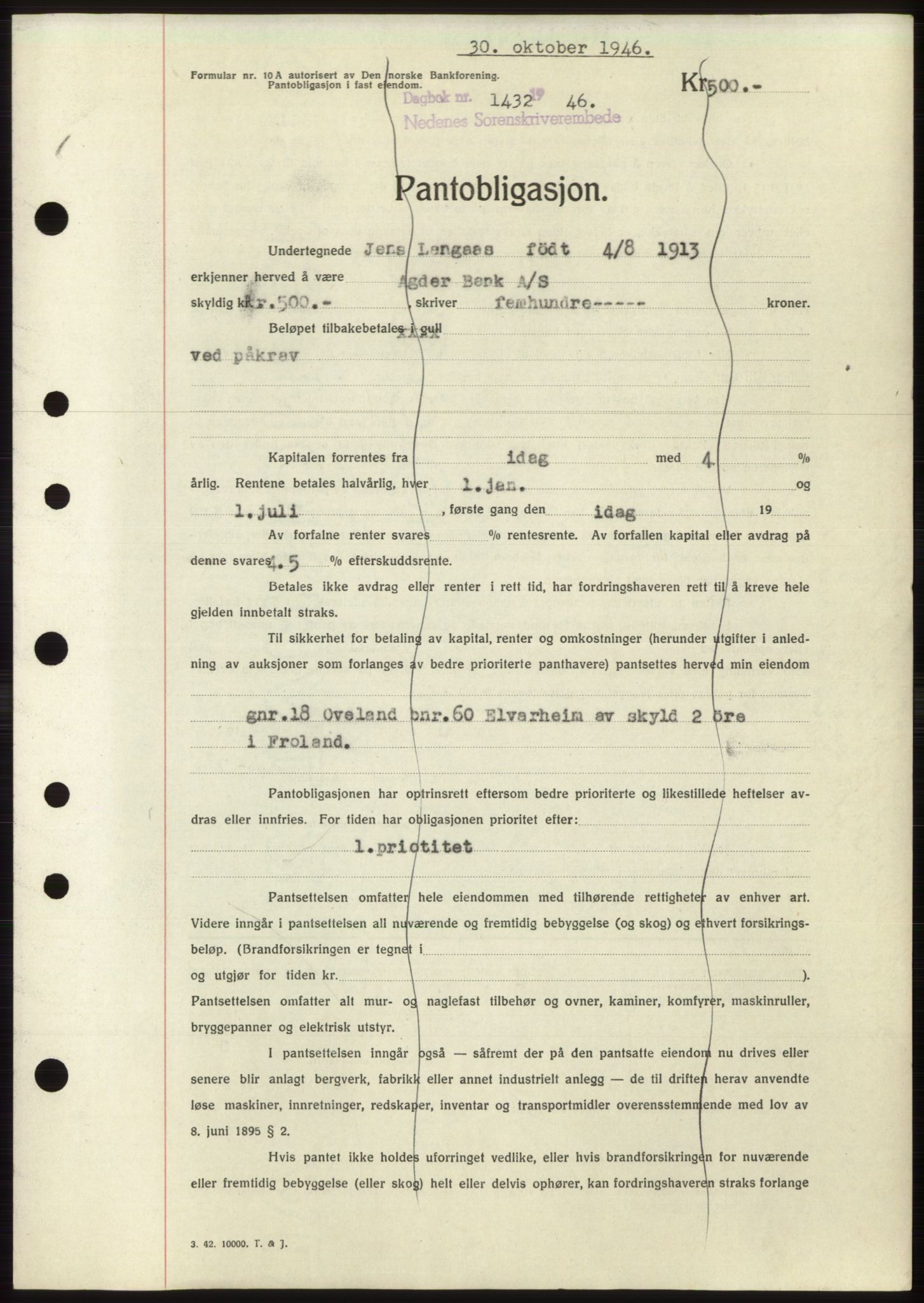 Nedenes sorenskriveri, SAK/1221-0006/G/Gb/Gbb/L0003: Pantebok nr. B3b, 1946-1946, Dagboknr: 1432/1946