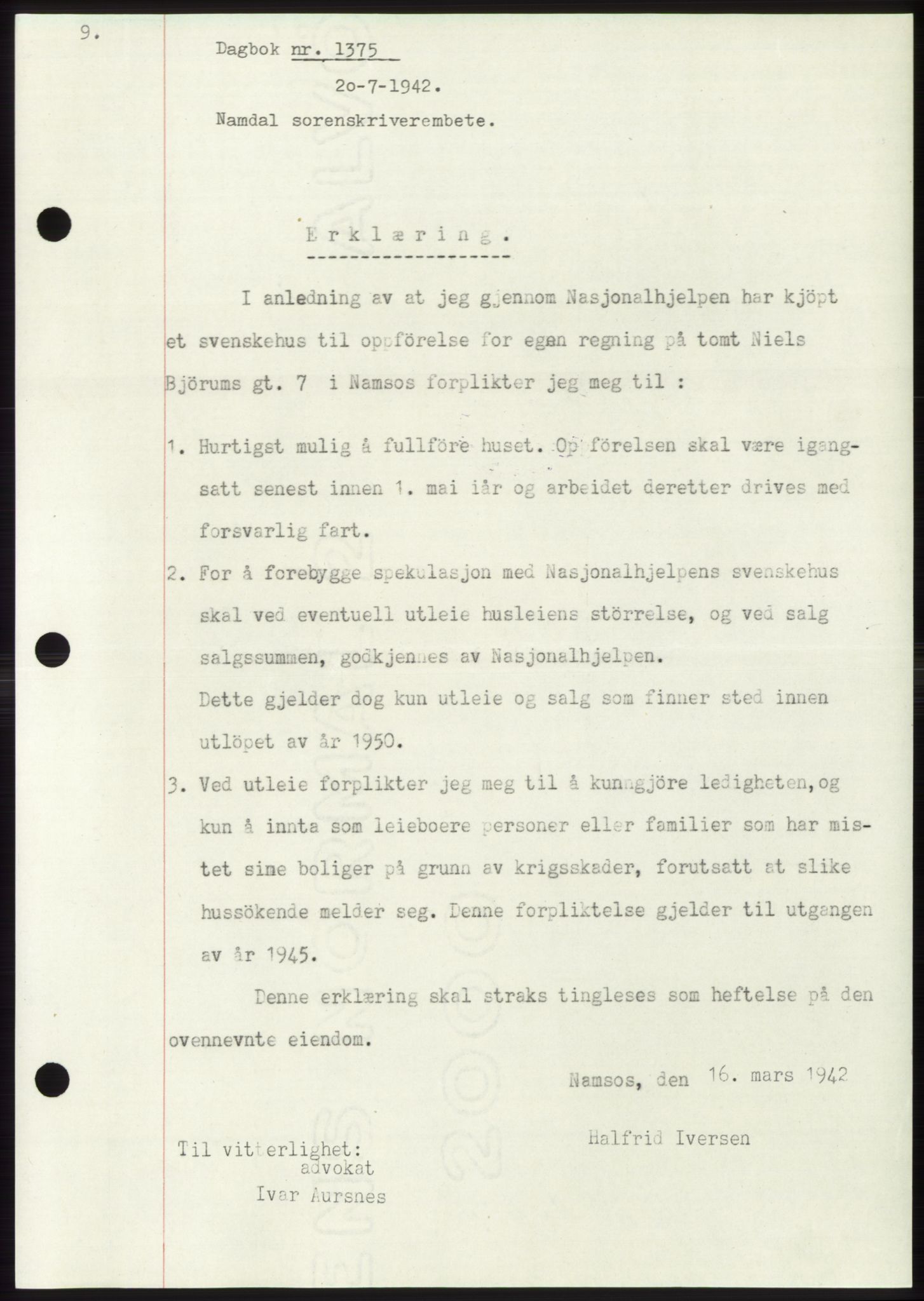 Namdal sorenskriveri, SAT/A-4133/1/2/2C: Pantebok nr. -, 1942-1943, Dagboknr: 1375/1942