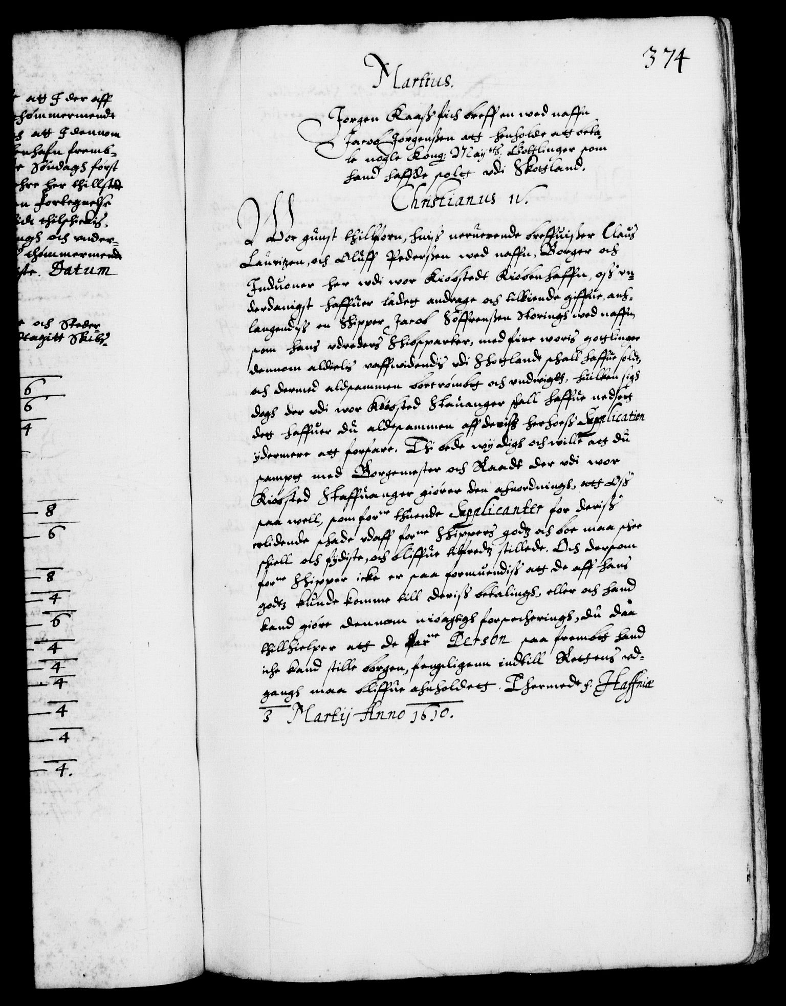 Danske Kanselli 1572-1799, AV/RA-EA-3023/F/Fc/Fca/Fcab/L0003: Norske tegnelser (mikrofilm), 1596-1616, s. 374a