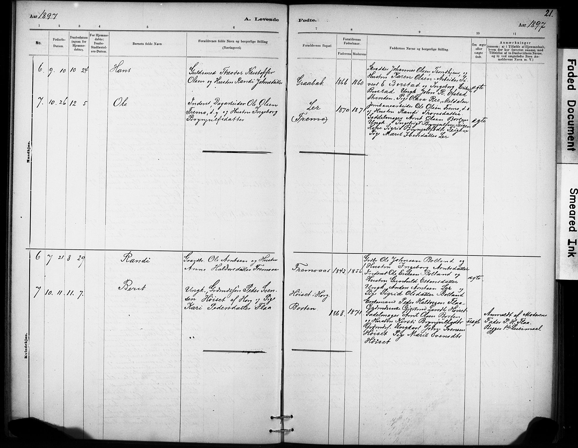Ministerialprotokoller, klokkerbøker og fødselsregistre - Sør-Trøndelag, SAT/A-1456/693/L1119: Ministerialbok nr. 693A01, 1887-1905, s. 21
