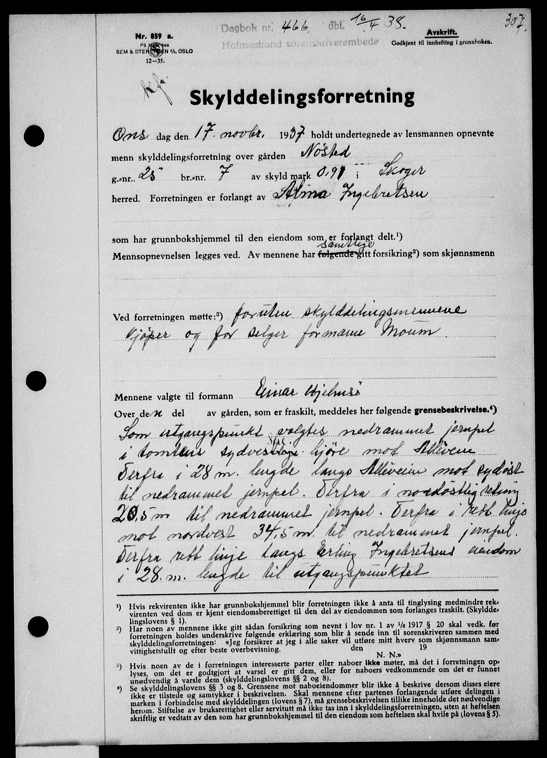 Holmestrand sorenskriveri, SAKO/A-67/G/Ga/Gaa/L0049: Pantebok nr. A-49, 1937-1938, Dagboknr: 466/1938