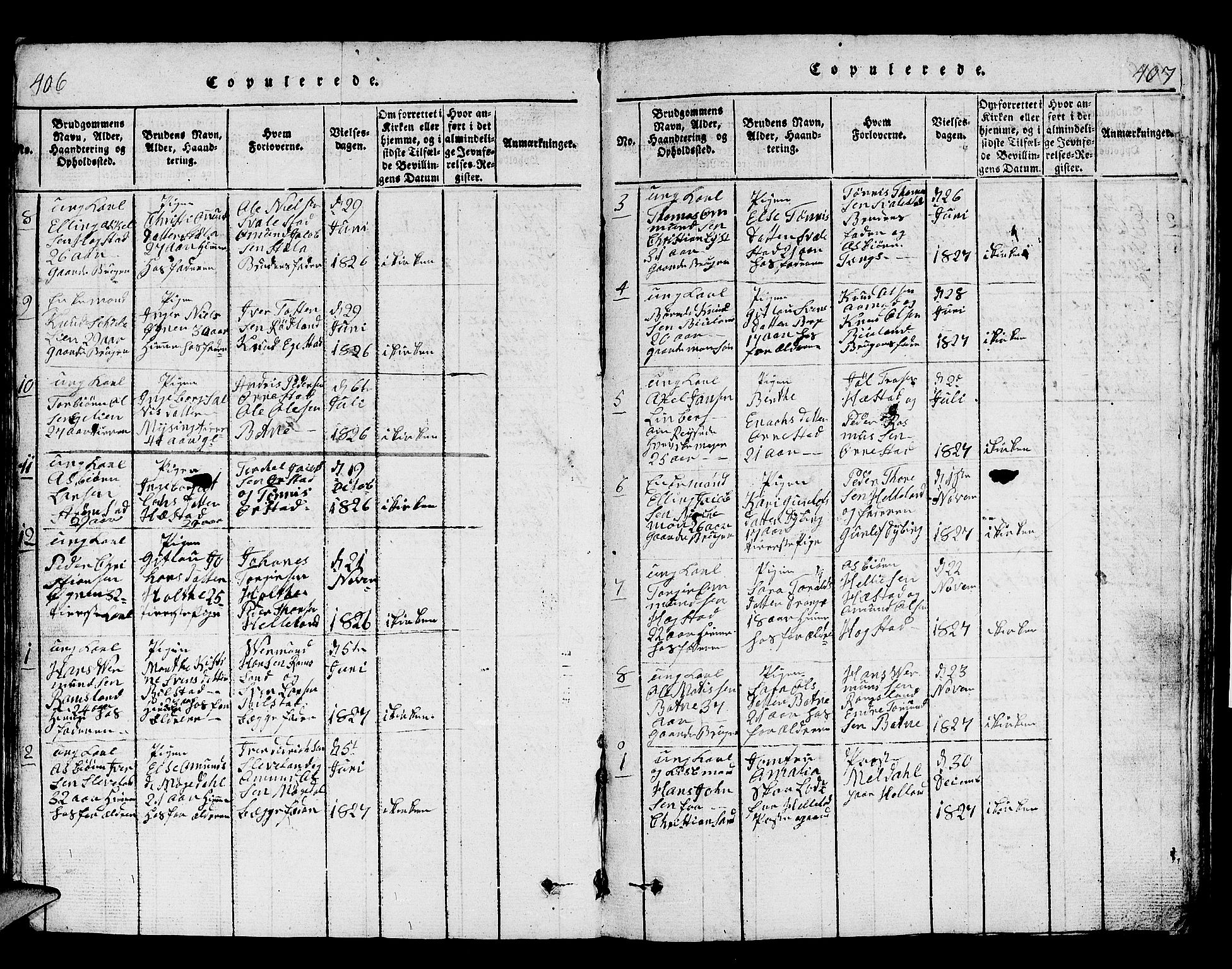 Helleland sokneprestkontor, AV/SAST-A-101810: Klokkerbok nr. B 1, 1815-1841, s. 406-407