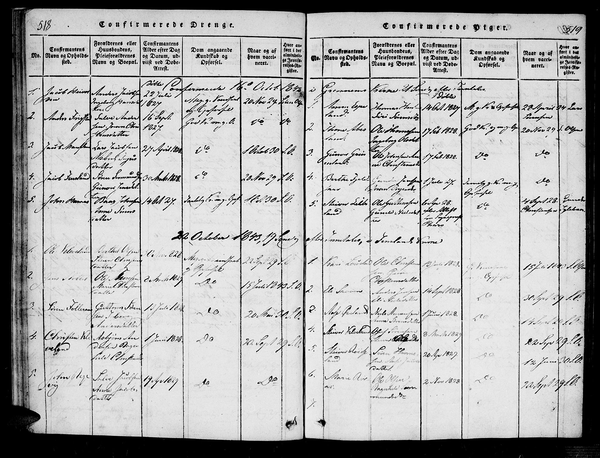 Bjelland sokneprestkontor, SAK/1111-0005/F/Fa/Fab/L0002: Ministerialbok nr. A 2, 1816-1869, s. 518-519