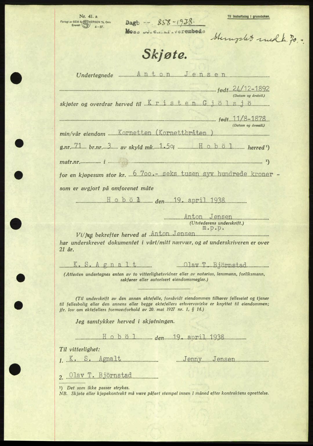 Moss sorenskriveri, SAO/A-10168: Pantebok nr. A4, 1938-1938, Dagboknr: 858/1938