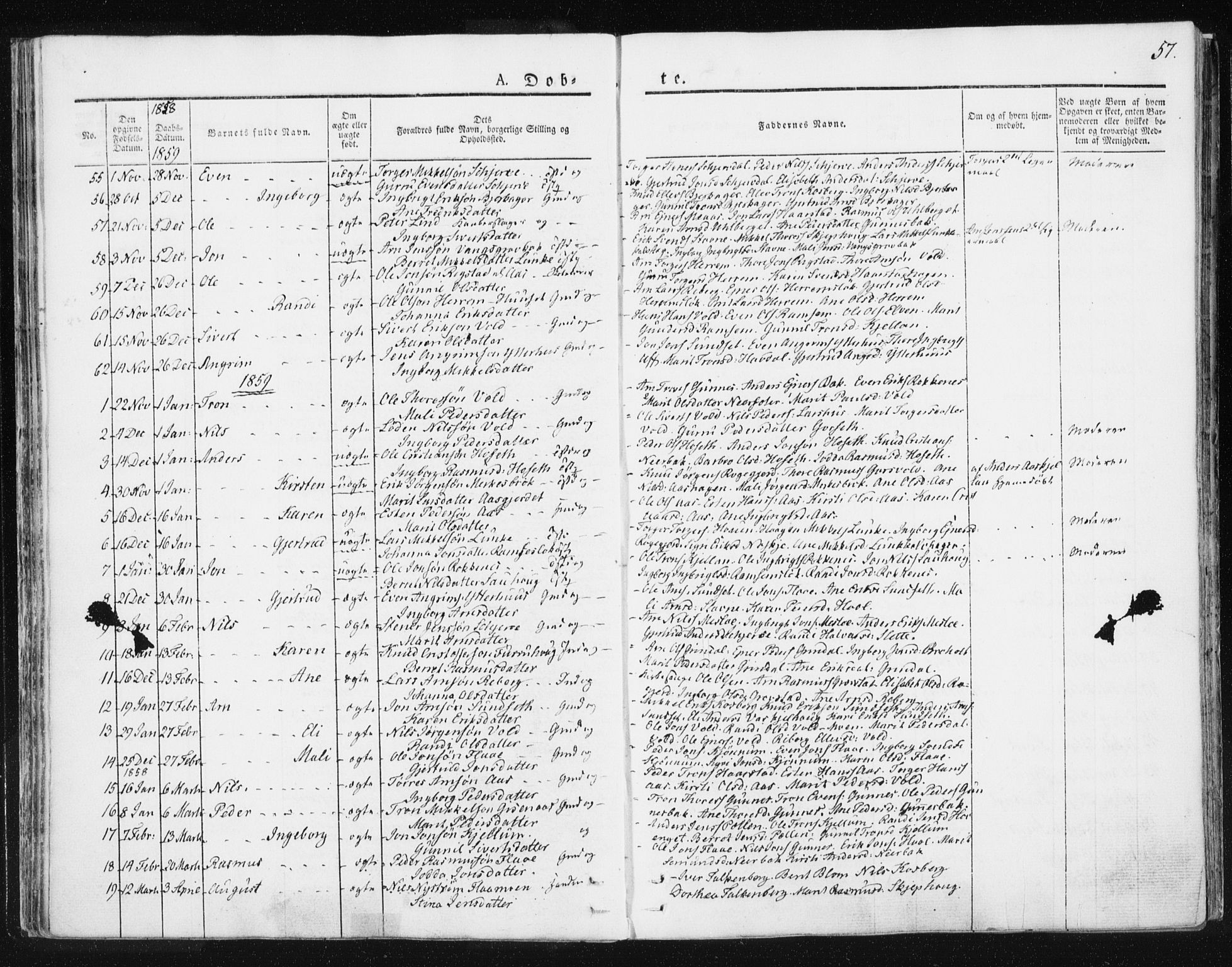 Ministerialprotokoller, klokkerbøker og fødselsregistre - Sør-Trøndelag, SAT/A-1456/674/L0869: Ministerialbok nr. 674A01, 1829-1860, s. 57