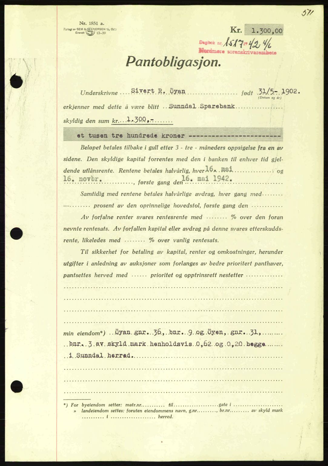 Nordmøre sorenskriveri, AV/SAT-A-4132/1/2/2Ca: Pantebok nr. B89, 1942-1942, Dagboknr: 1517/1942