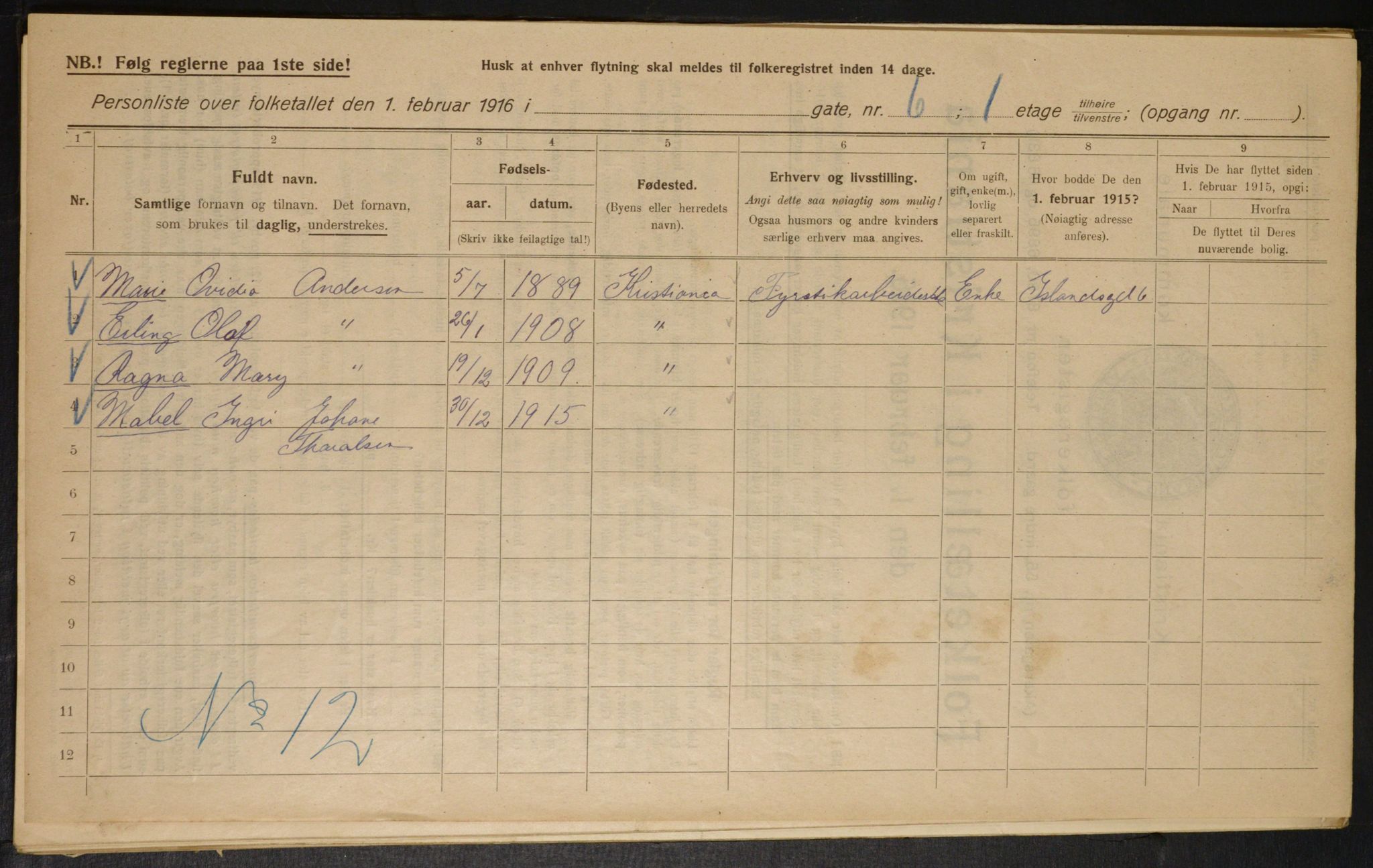 OBA, Kommunal folketelling 1.2.1916 for Kristiania, 1916, s. 45466