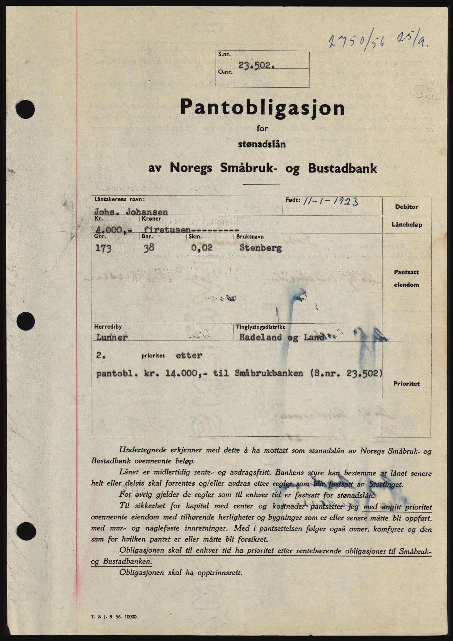 Hadeland og Land tingrett, SAH/TING-010/H/Hb/Hbc/L0034: Pantebok nr. B34, 1956-1956, Dagboknr: 2750/1956