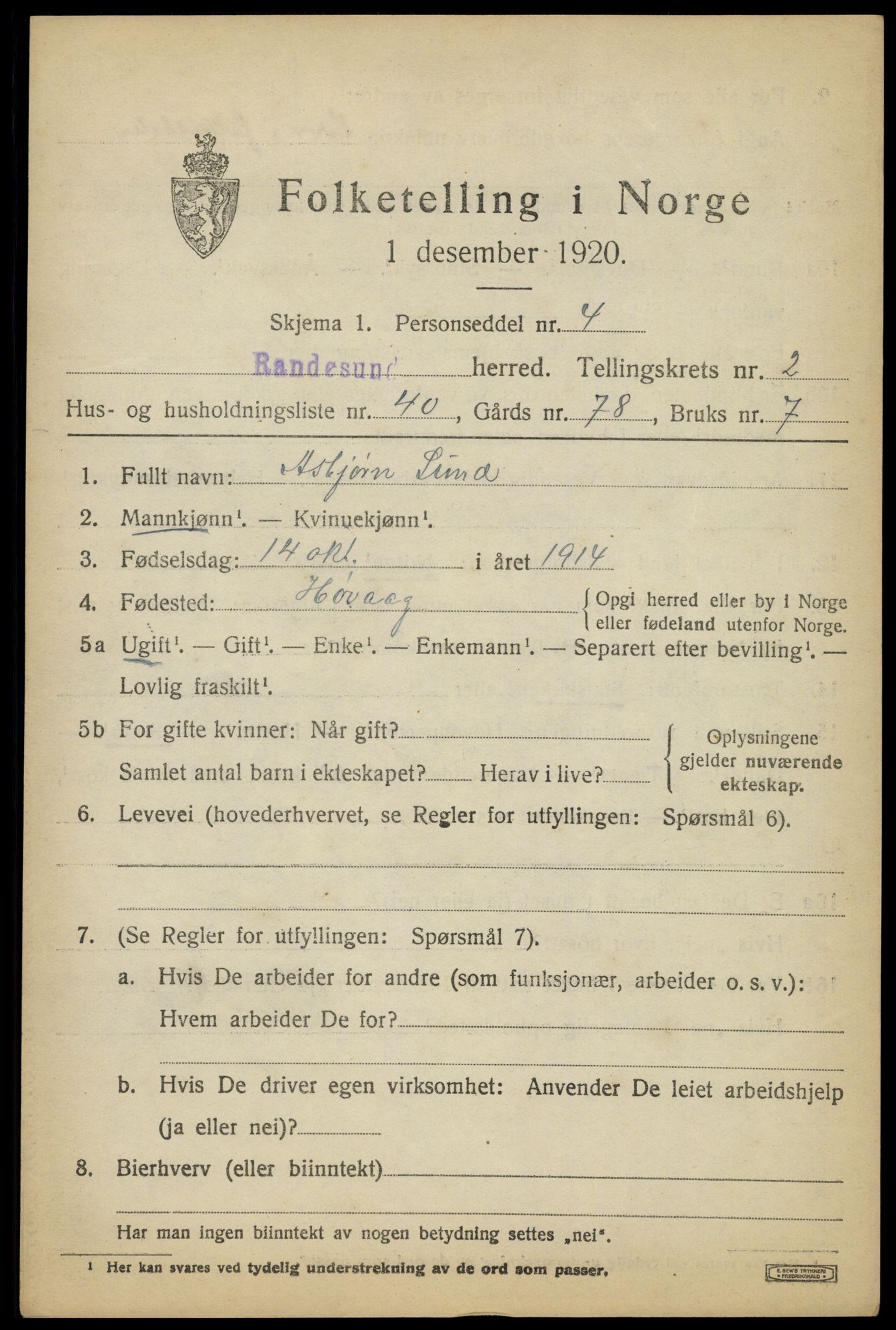SAK, Folketelling 1920 for 1011 Randesund herred, 1920, s. 1432