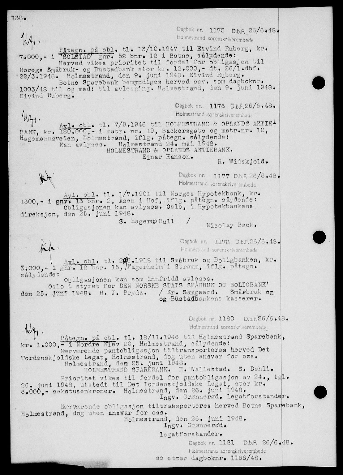 Holmestrand sorenskriveri, SAKO/A-67/G/Ga/Gab/L0058: Pantebok nr. B-58, 1947-1948, s. 138, Dagboknr: 1175/1948