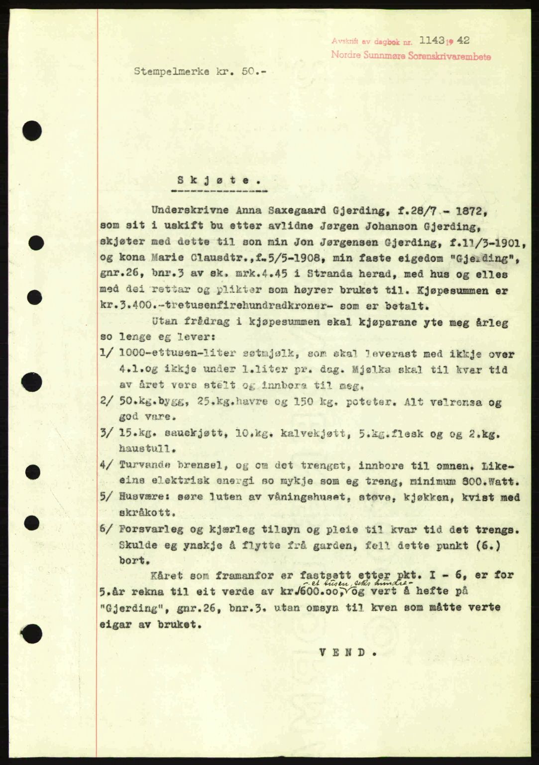 Nordre Sunnmøre sorenskriveri, SAT/A-0006/1/2/2C/2Ca: Pantebok nr. A14, 1942-1942, Dagboknr: 1143/1942