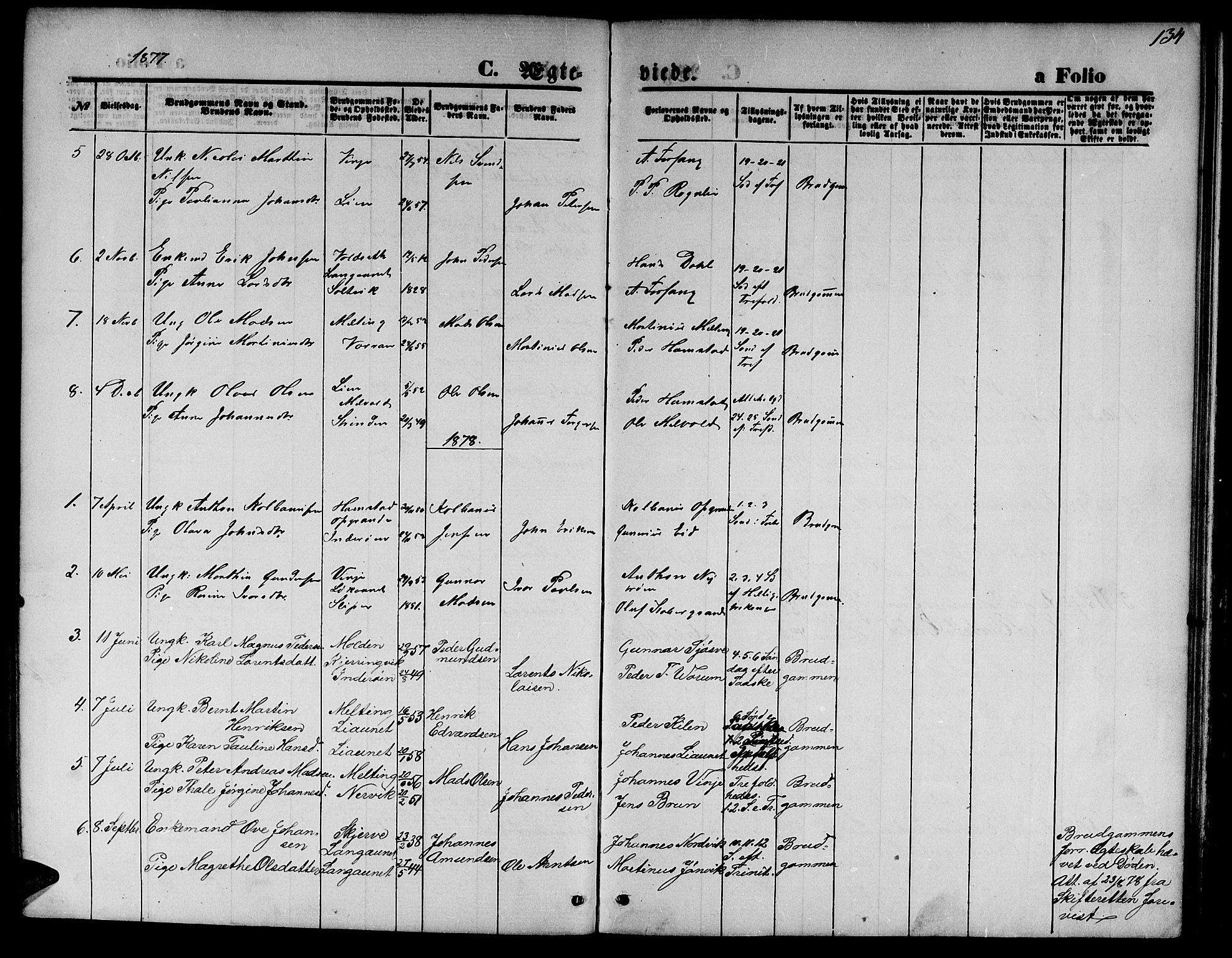 Ministerialprotokoller, klokkerbøker og fødselsregistre - Nord-Trøndelag, AV/SAT-A-1458/733/L0326: Klokkerbok nr. 733C01, 1871-1887, s. 134