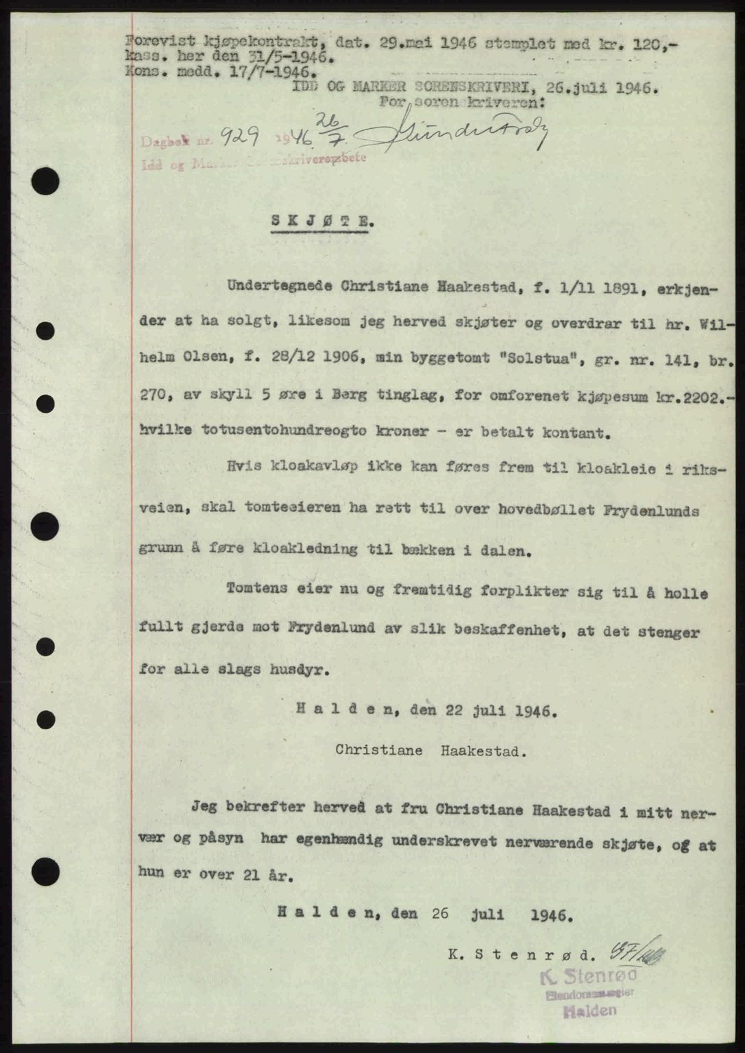 Idd og Marker sorenskriveri, SAO/A-10283/G/Gb/Gbb/L0008: Pantebok nr. A8, 1946-1946, Dagboknr: 929/1946