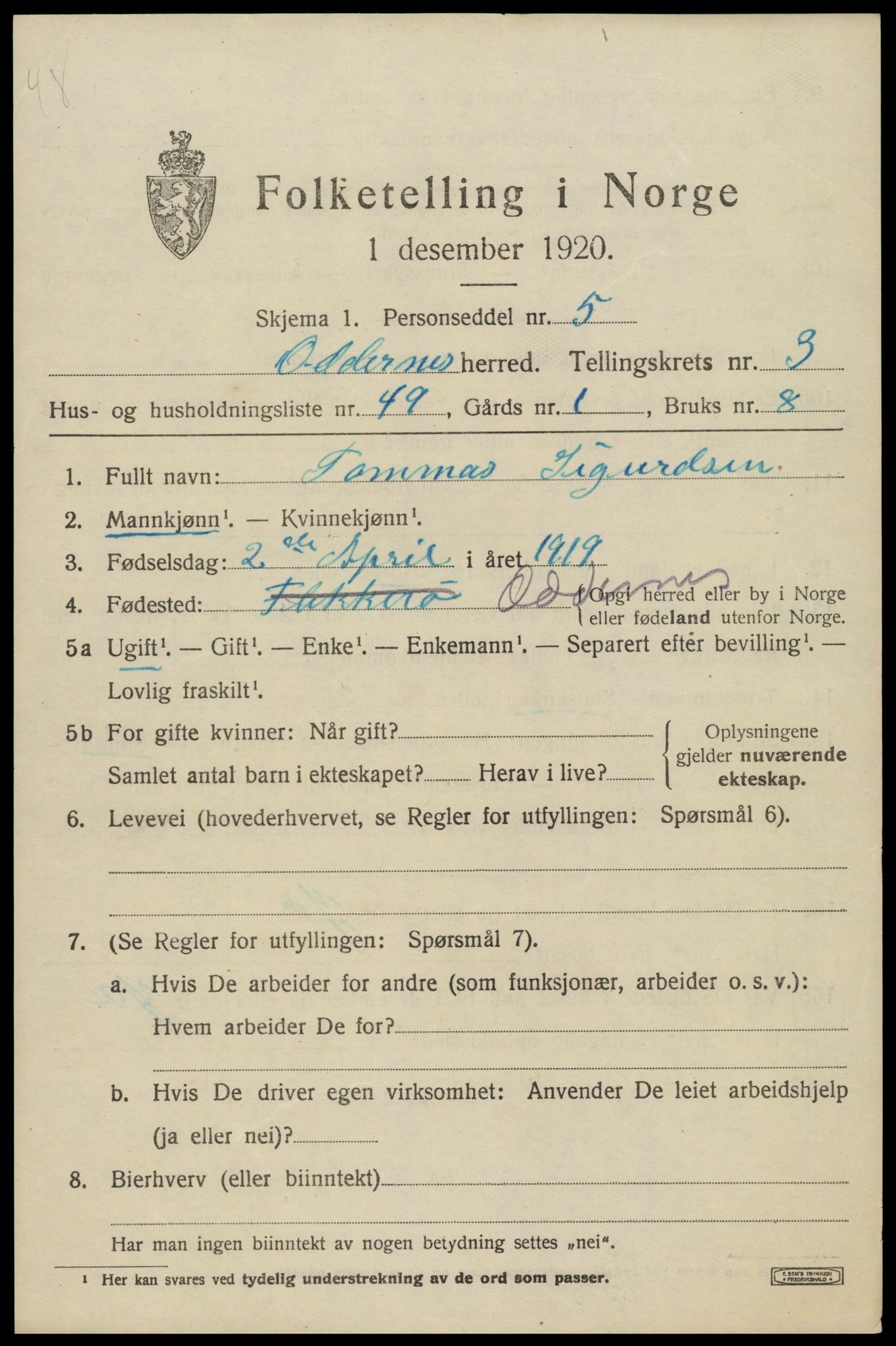 SAK, Folketelling 1920 for 1012 Oddernes herred, 1920, s. 3887