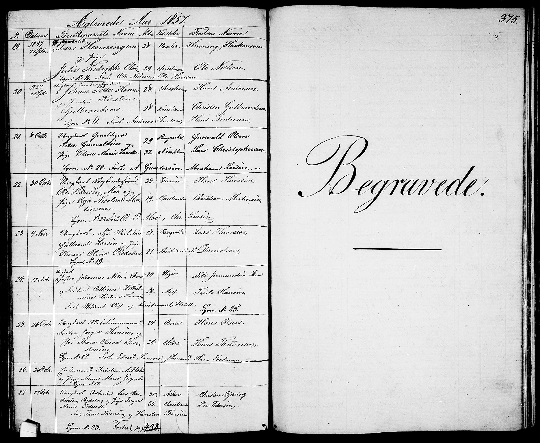 Garnisonsmenigheten Kirkebøker, AV/SAO-A-10846/G/Ga/L0005: Klokkerbok nr. 5, 1841-1860, s. 375