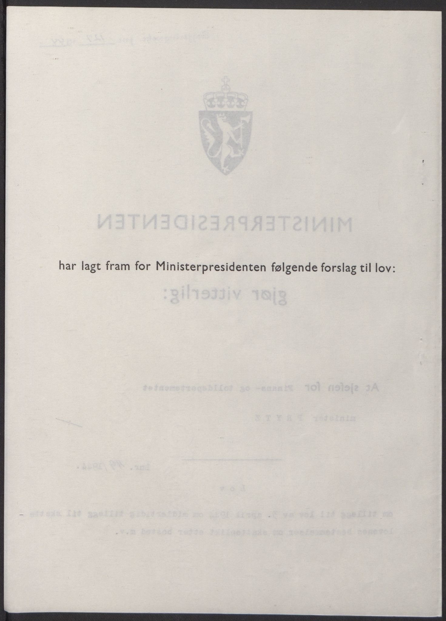 NS-administrasjonen 1940-1945 (Statsrådsekretariatet, de kommisariske statsråder mm), RA/S-4279/D/Db/L0100: Lover, 1944, s. 232
