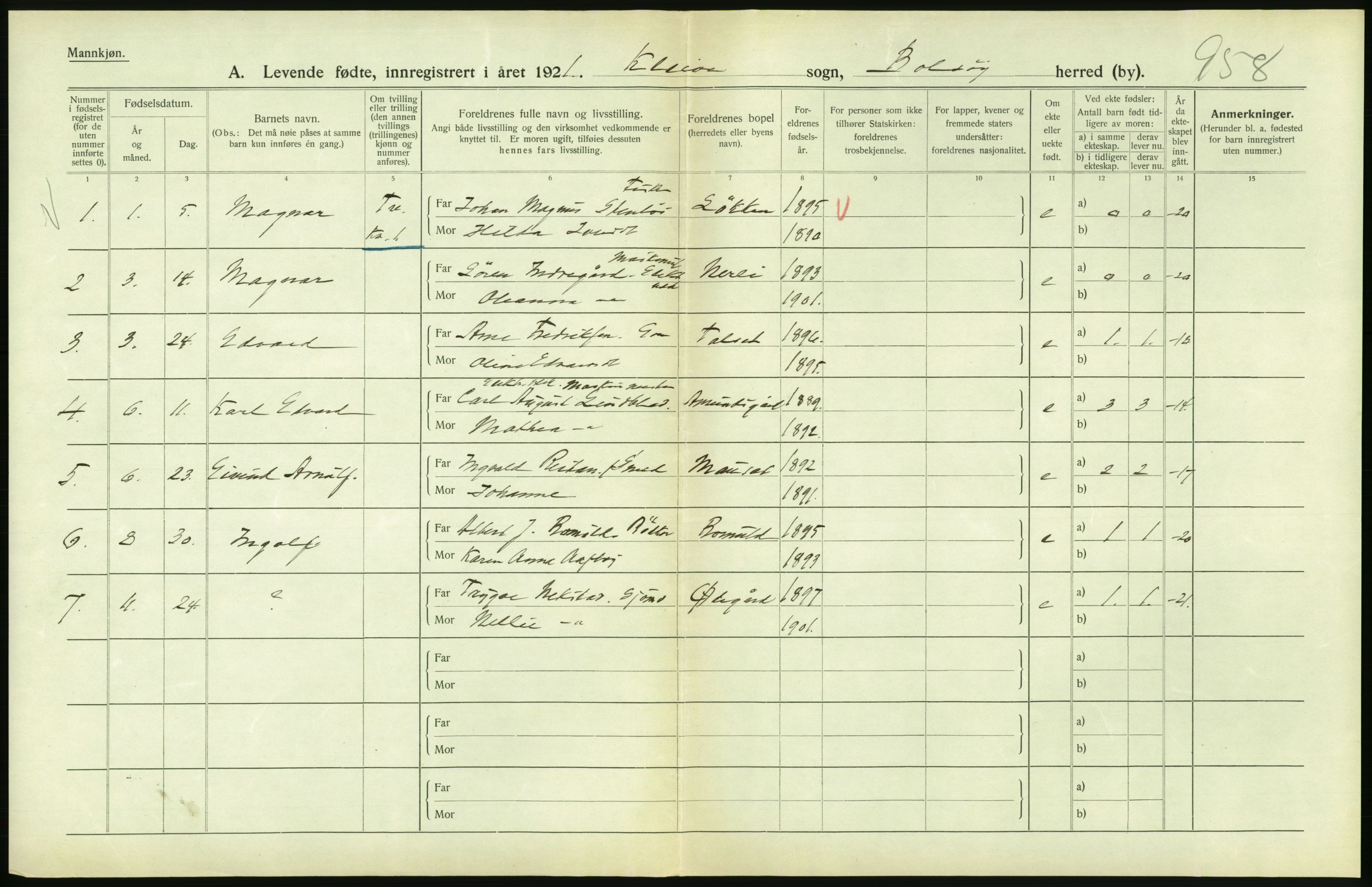 Statistisk sentralbyrå, Sosiodemografiske emner, Befolkning, RA/S-2228/D/Df/Dfc/Dfca/L0040: Møre fylke: Levendefødte menn og kvinner. Bygder., 1921, s. 376