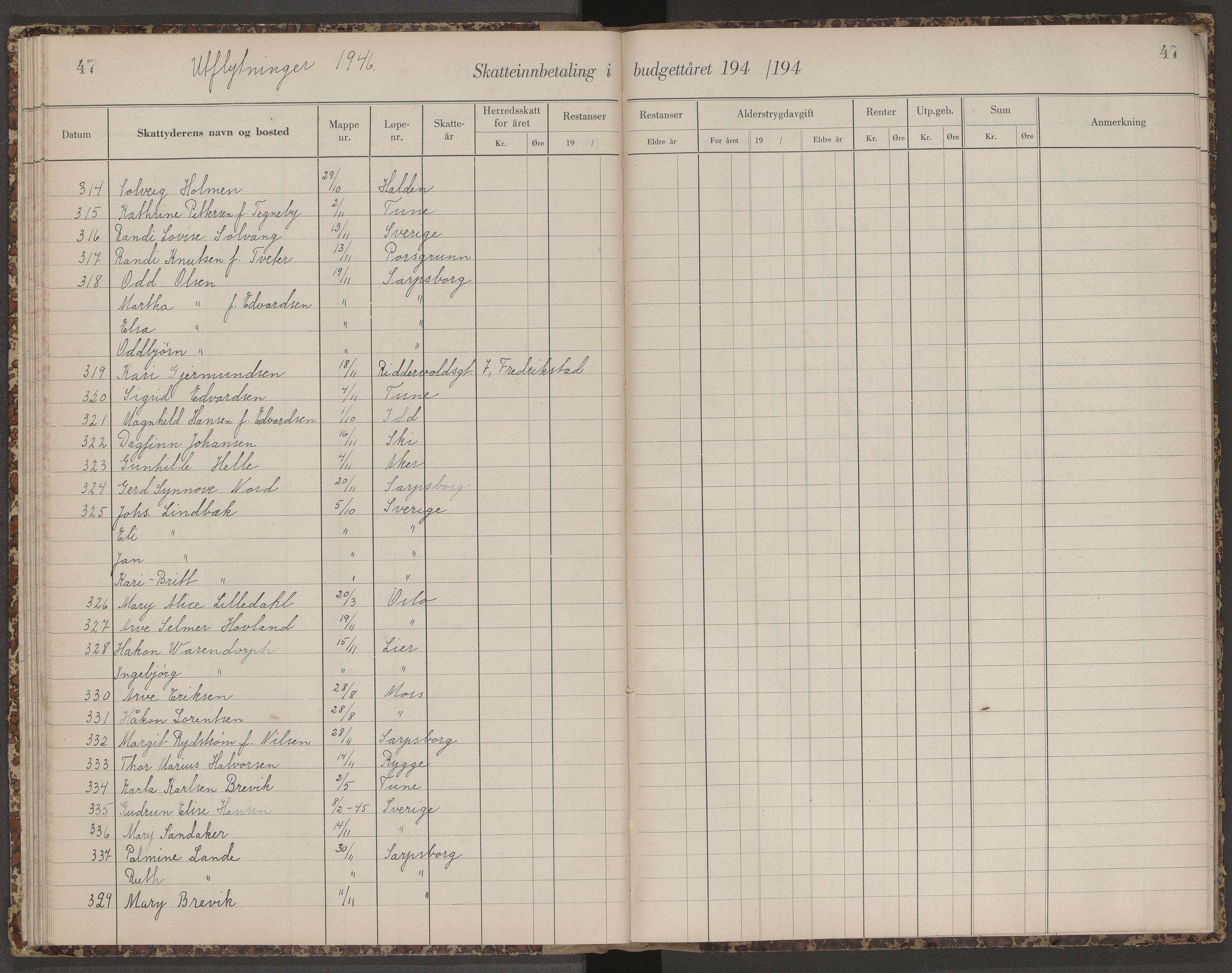 Skjeberg folkeregister, AV/SAO-A-10495/K/Ka/L0003: Fortegnelse over inn- og utflyttede, 1943-1947, s. 47