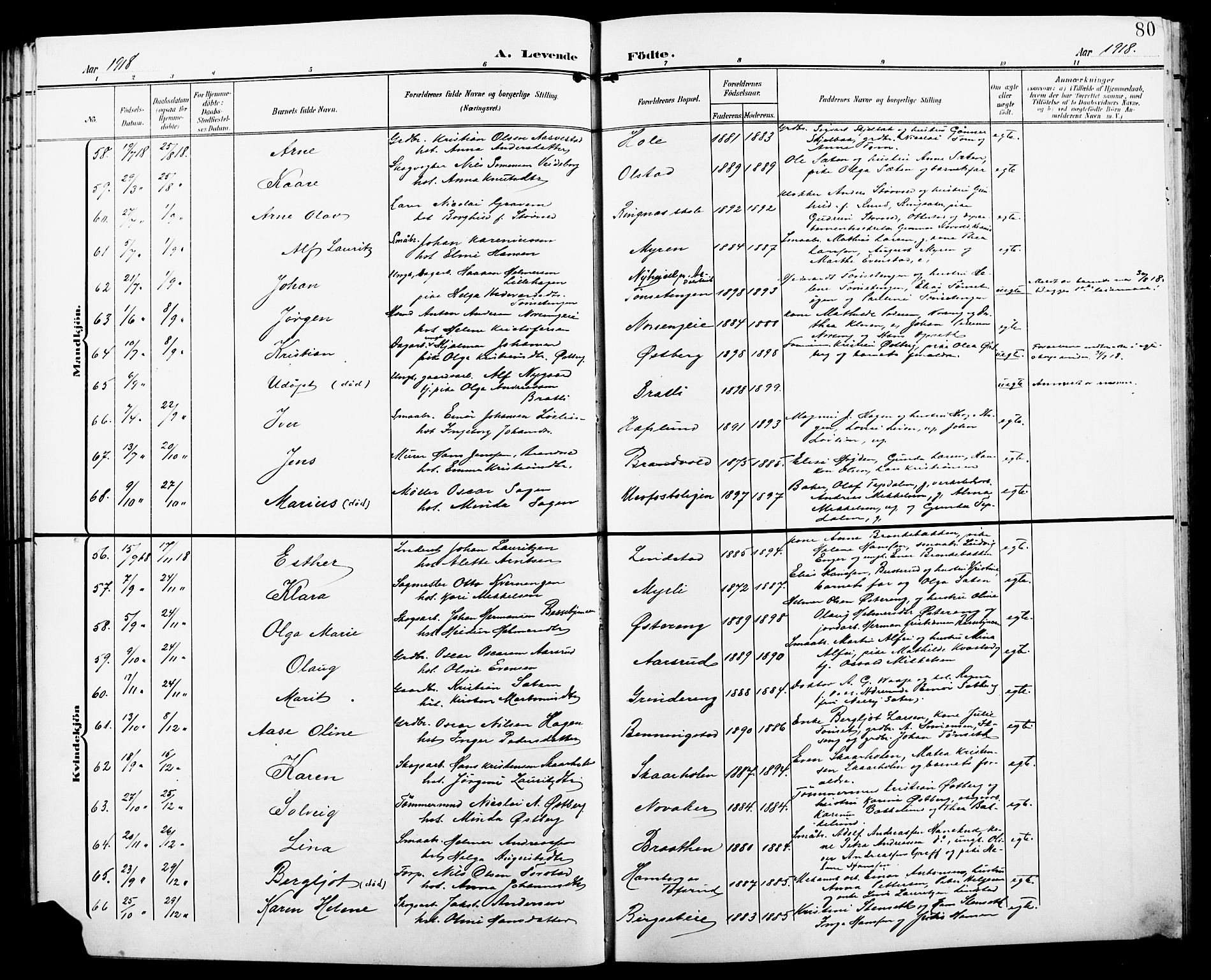 Løten prestekontor, AV/SAH-PREST-022/L/La/L0007: Klokkerbok nr. 7, 1910-1919, s. 80