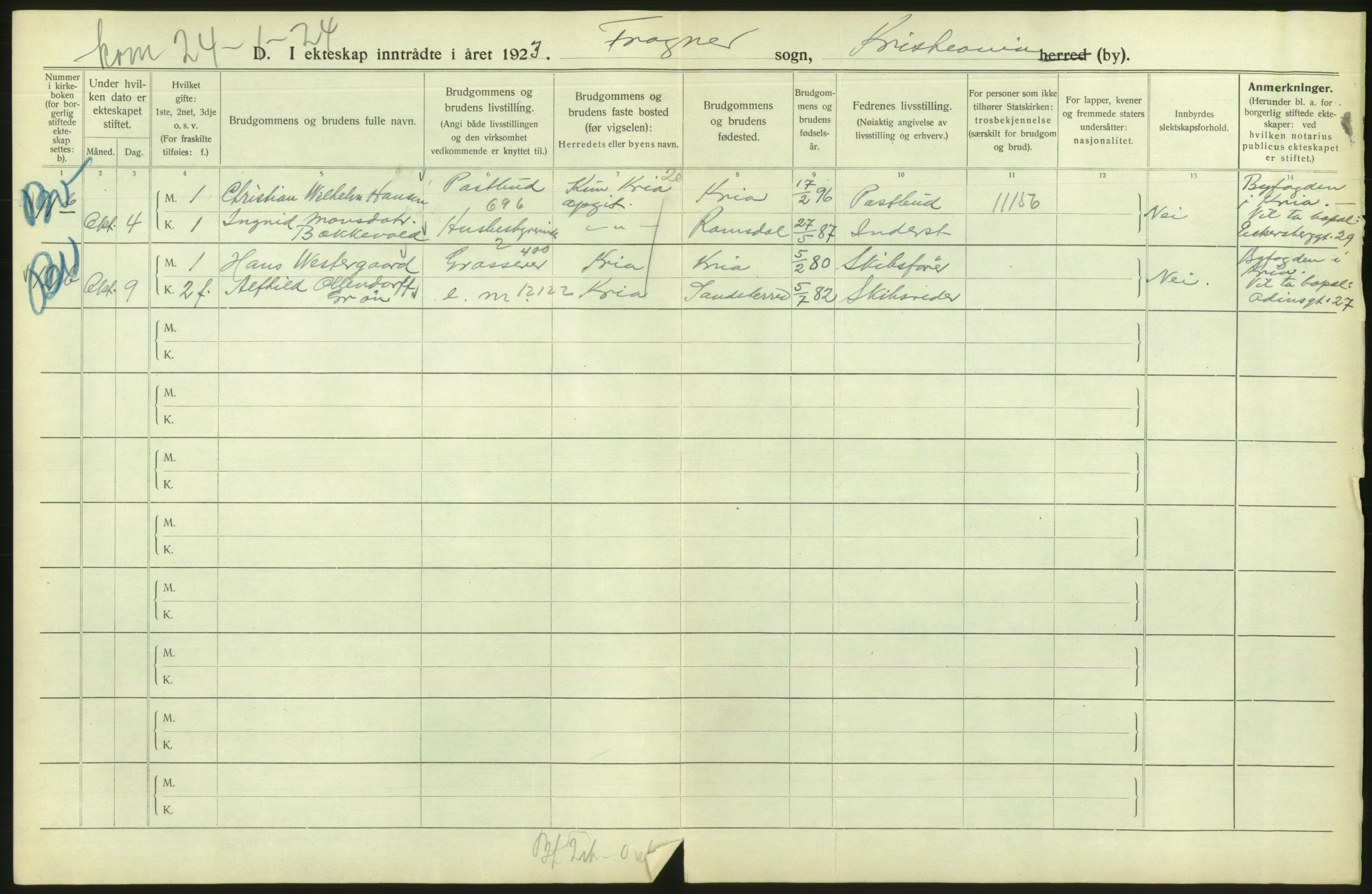 Statistisk sentralbyrå, Sosiodemografiske emner, Befolkning, AV/RA-S-2228/D/Df/Dfc/Dfcc/L0008: Kristiania: Gifte, 1923, s. 334