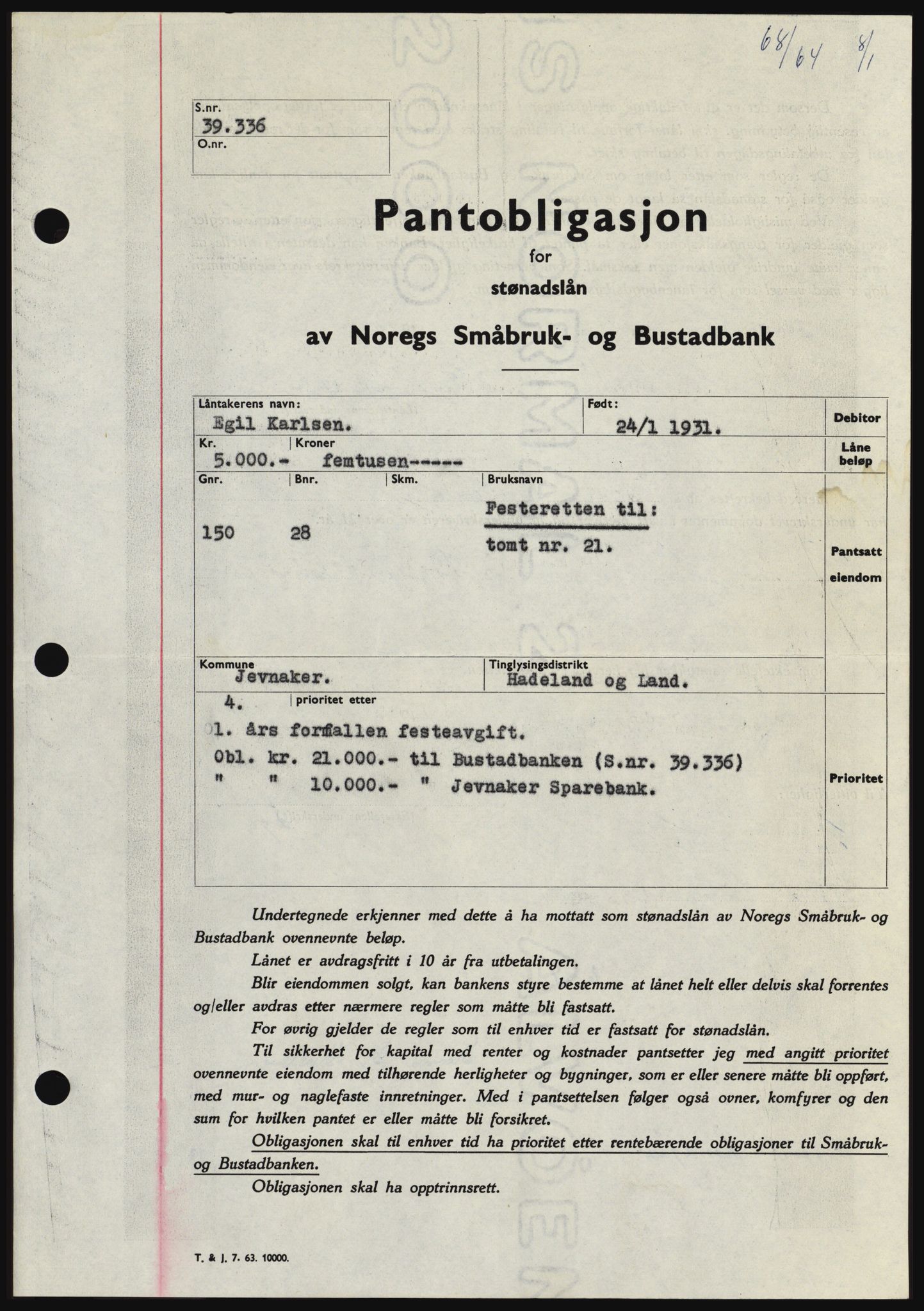 Hadeland og Land tingrett, SAH/TING-010/H/Hb/Hbc/L0053: Pantebok nr. B53, 1963-1964, Dagboknr: 68/1964