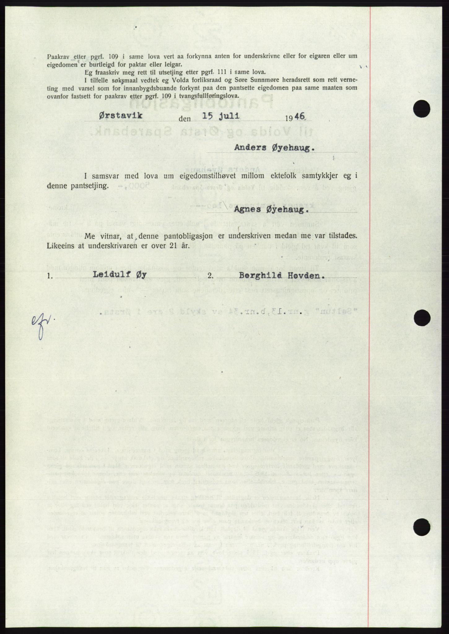 Søre Sunnmøre sorenskriveri, AV/SAT-A-4122/1/2/2C/L0114: Pantebok nr. 1-2B, 1943-1947, Dagboknr: 788/1946