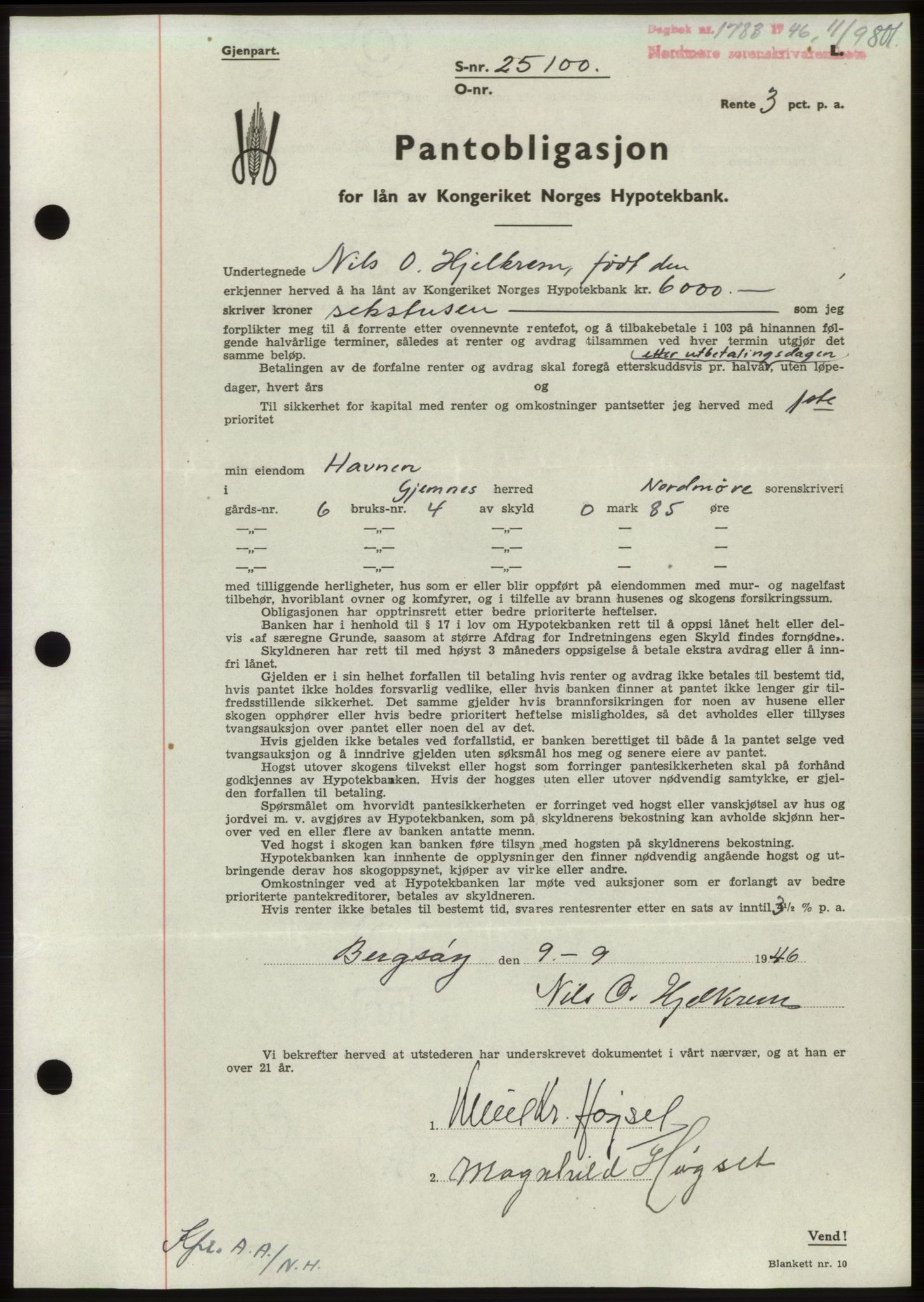 Nordmøre sorenskriveri, AV/SAT-A-4132/1/2/2Ca: Pantebok nr. B94, 1946-1946, Dagboknr: 1783/1946