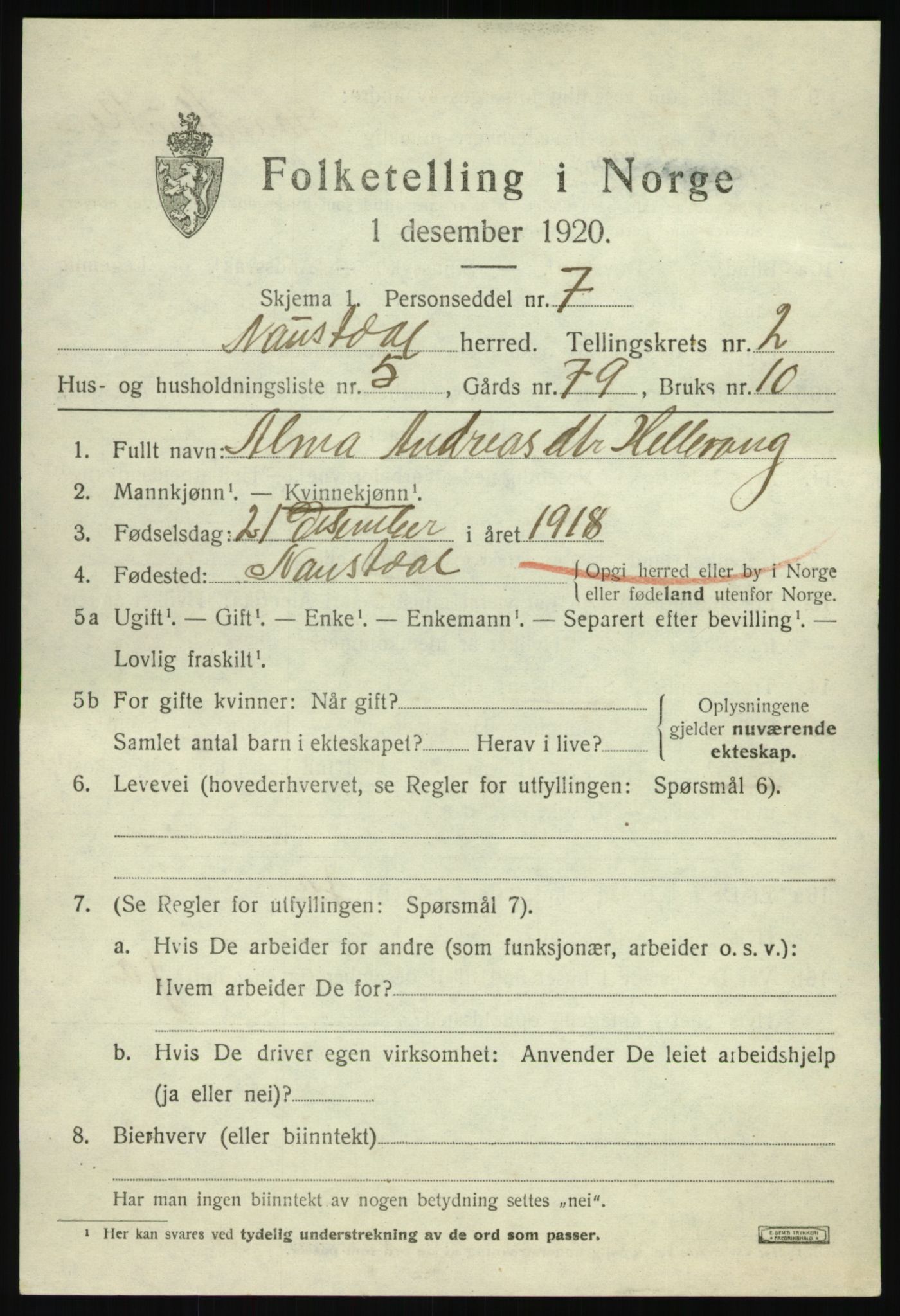 SAB, Folketelling 1920 for 1433 Naustdal herred, 1920, s. 1325
