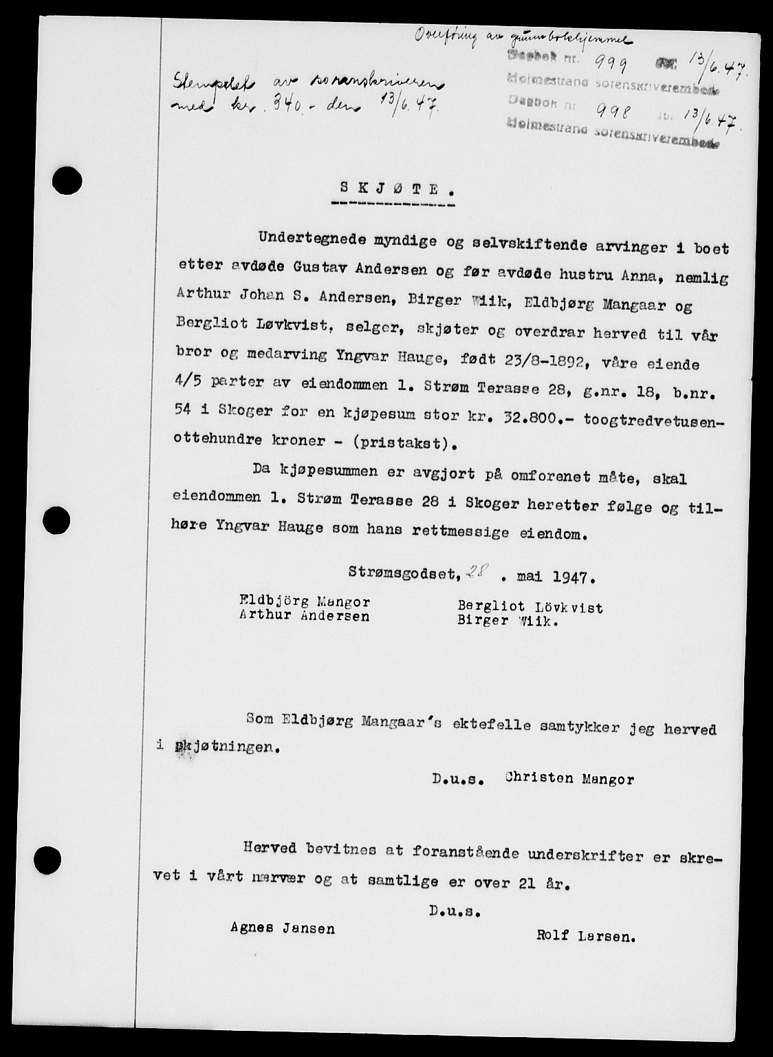 Holmestrand sorenskriveri, SAKO/A-67/G/Ga/Gaa/L0062: Pantebok nr. A-62, 1947-1947, Dagboknr: 999/1947